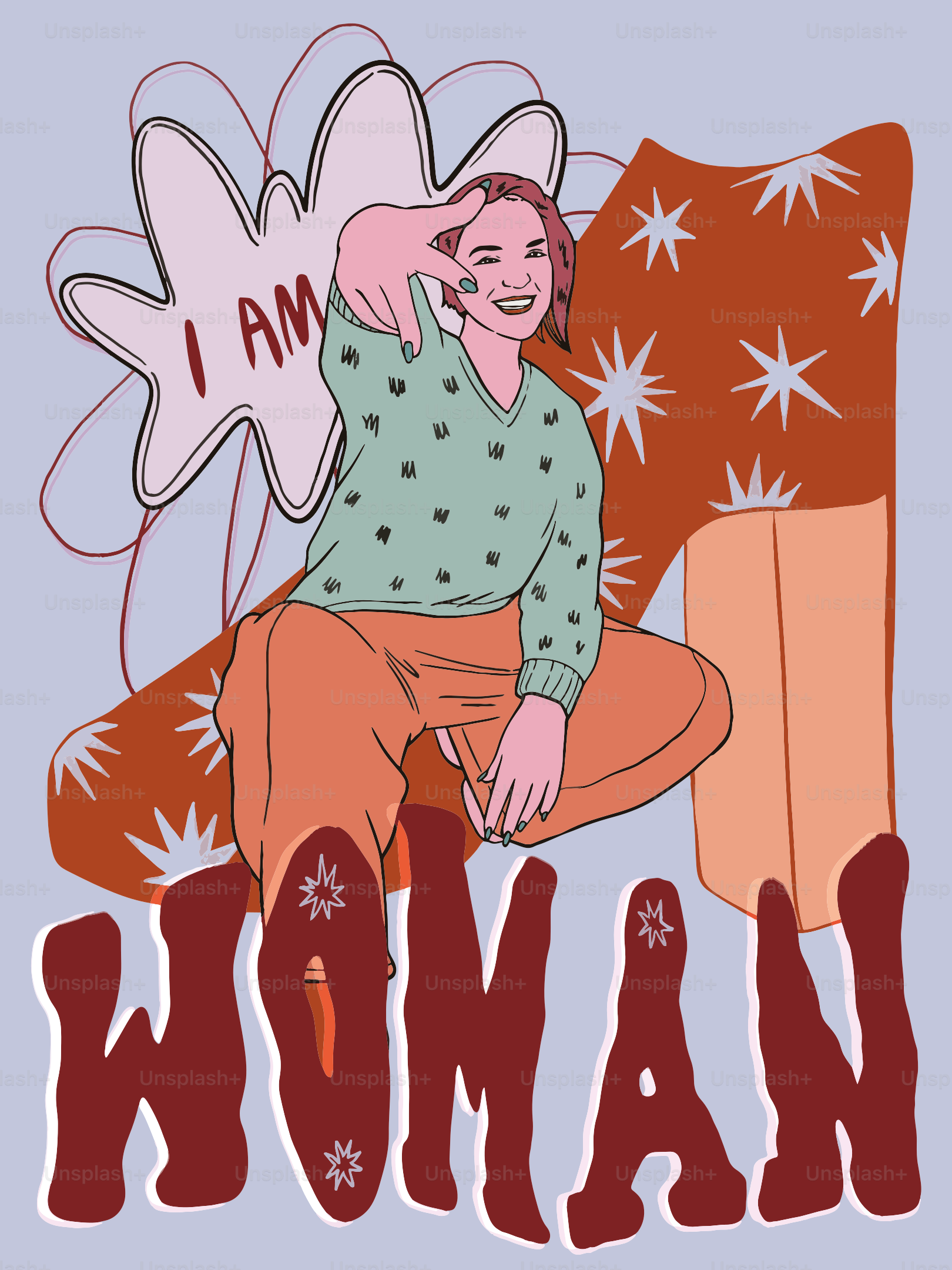 Woman with "i am woman" text and abstract shapes
