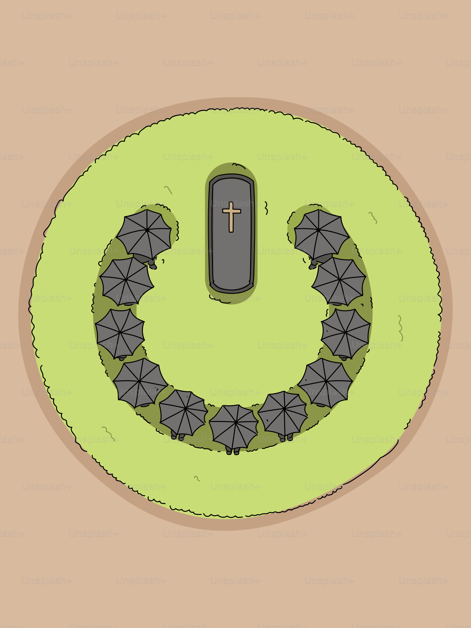 A funeral procession with umbrellas around a coffin