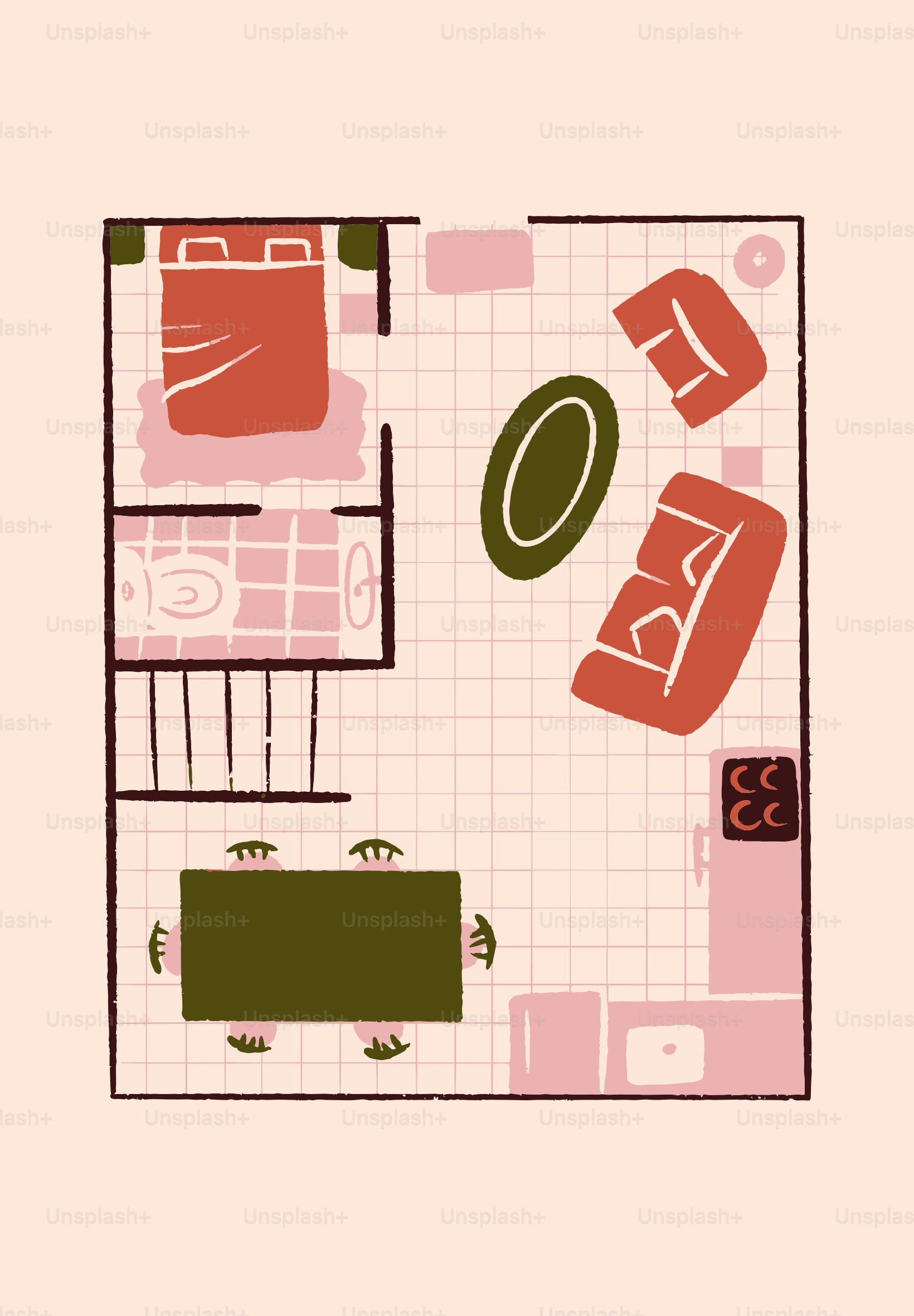 小さなアパートのスタイライズされた間取り図。