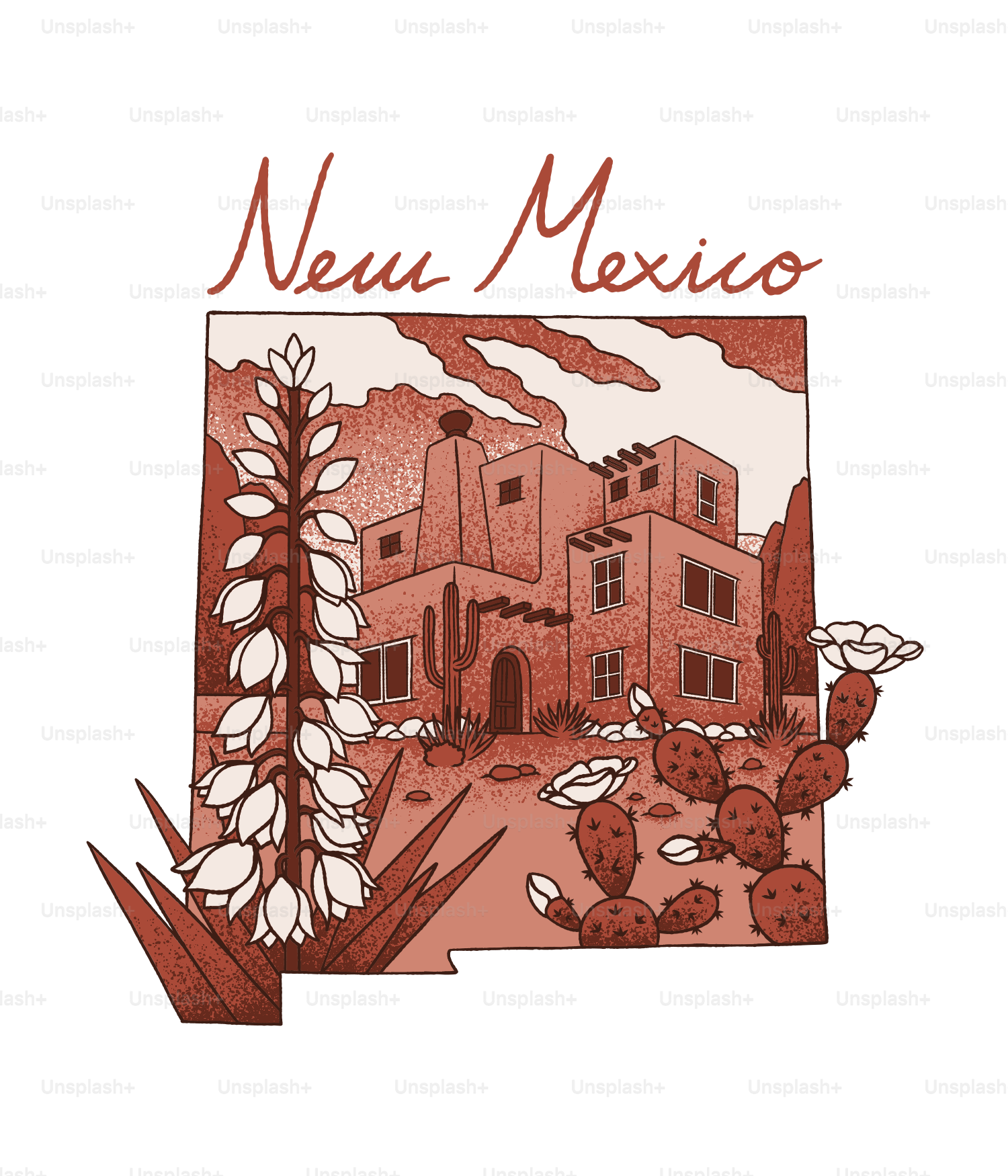 New mexico landscape with adobe buildings and desert plants