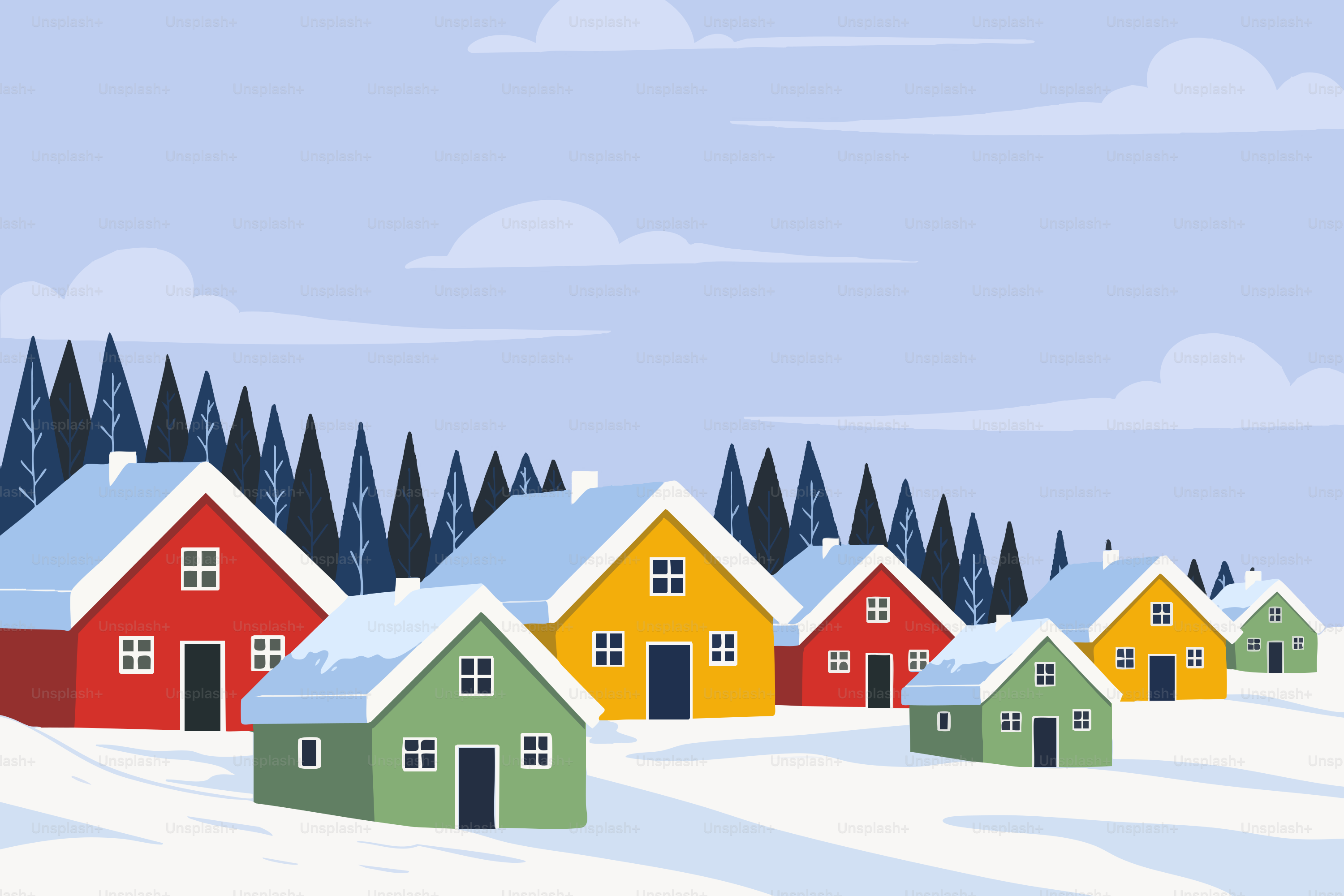 Casas coloridas en un paisaje invernal nevado