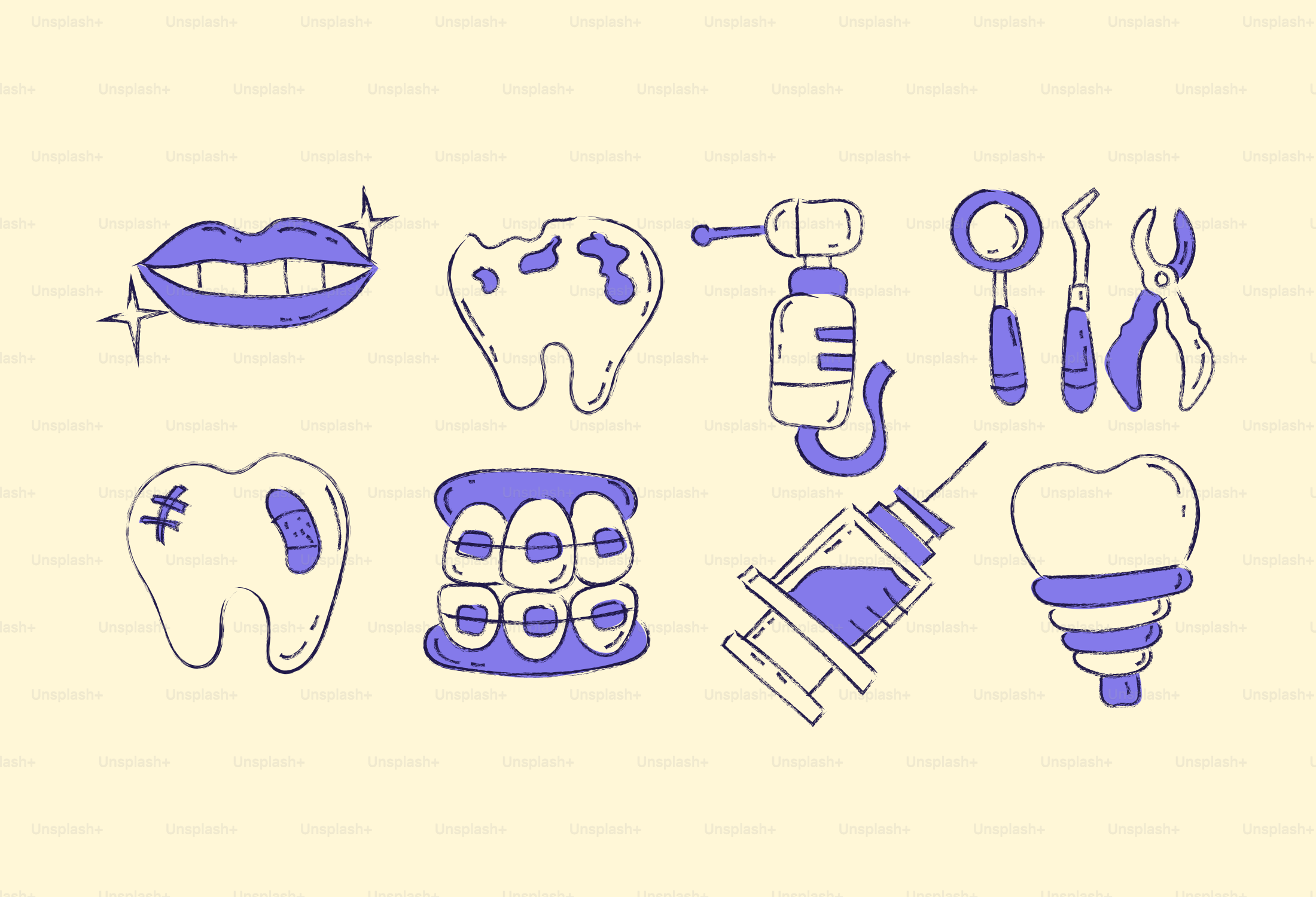 Dental hygiene and tools illustration with teeth and braces