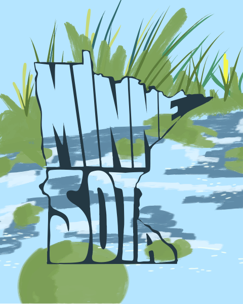 Umriss von Minnesota, gefüllt mit Wasser und Pflanzen,