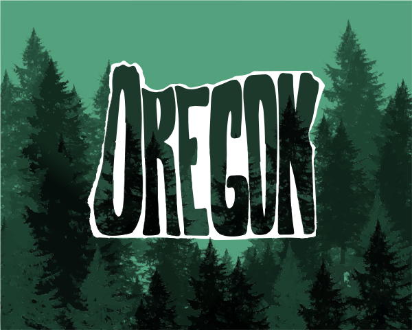 Oregon-Textüberlagerung auf einem Waldhintergrund