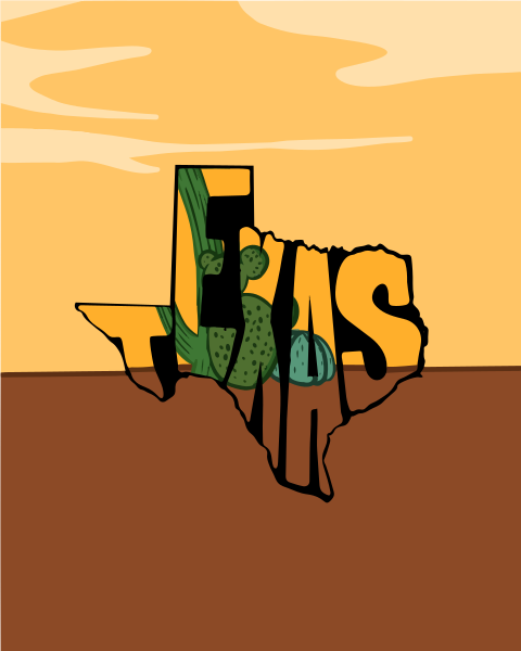 Texas-Kartenumriss mit Wüstenpflanzen und Sonnenuntergangshimmel