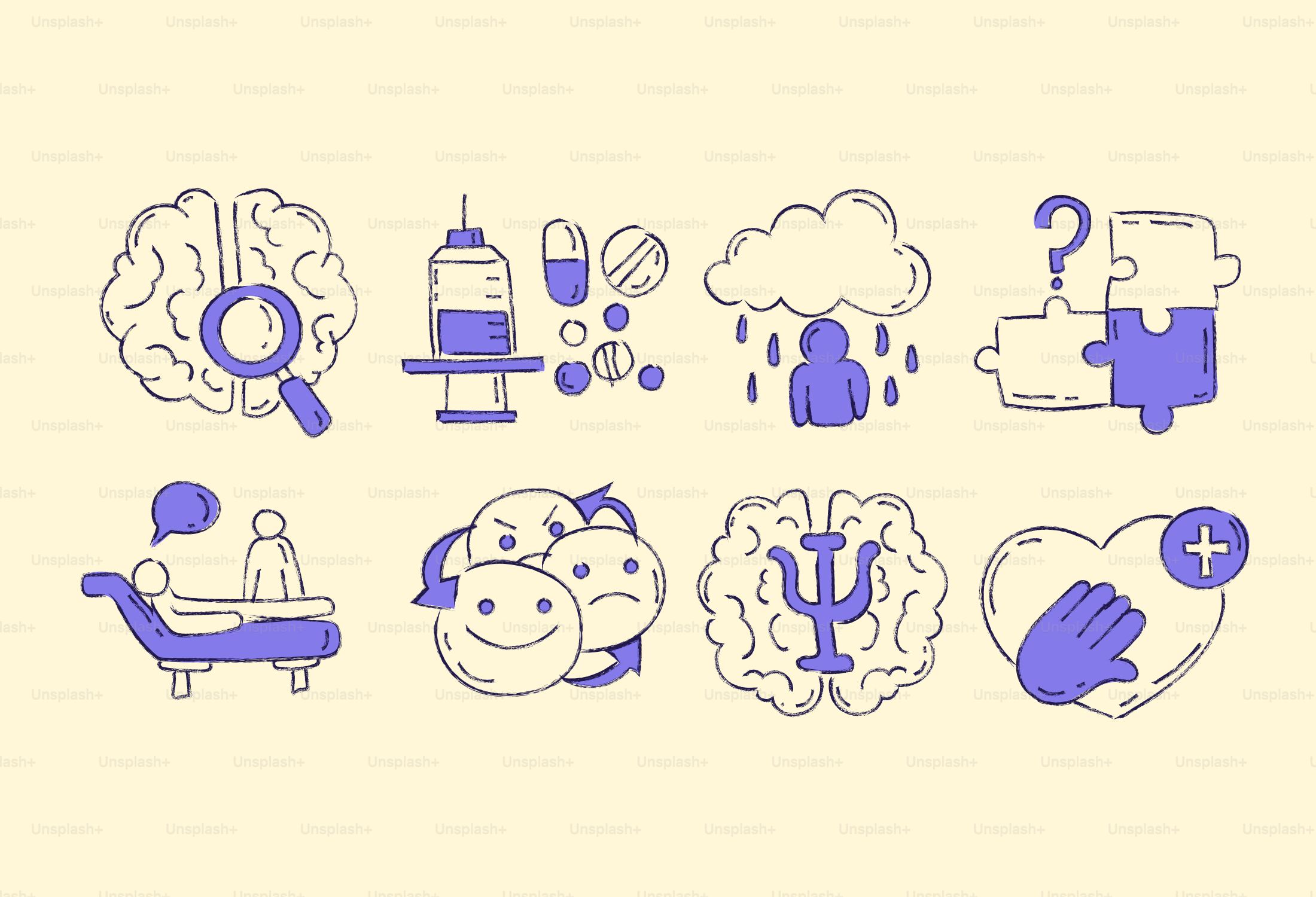 Icone della salute mentale tra cui cervello, terapia ed emozioni.