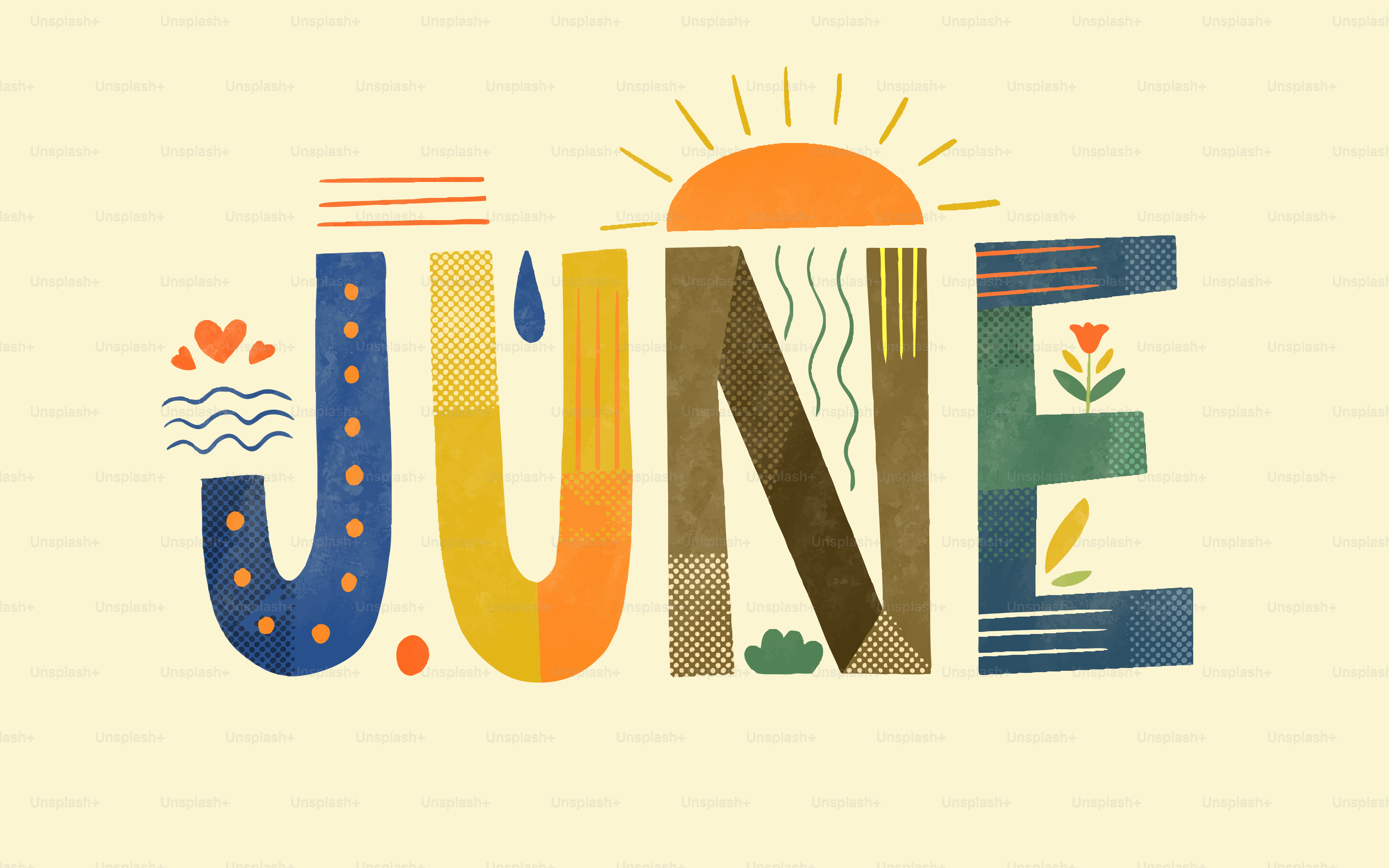 Palabra decorativa "junio" con elementos solares y florales