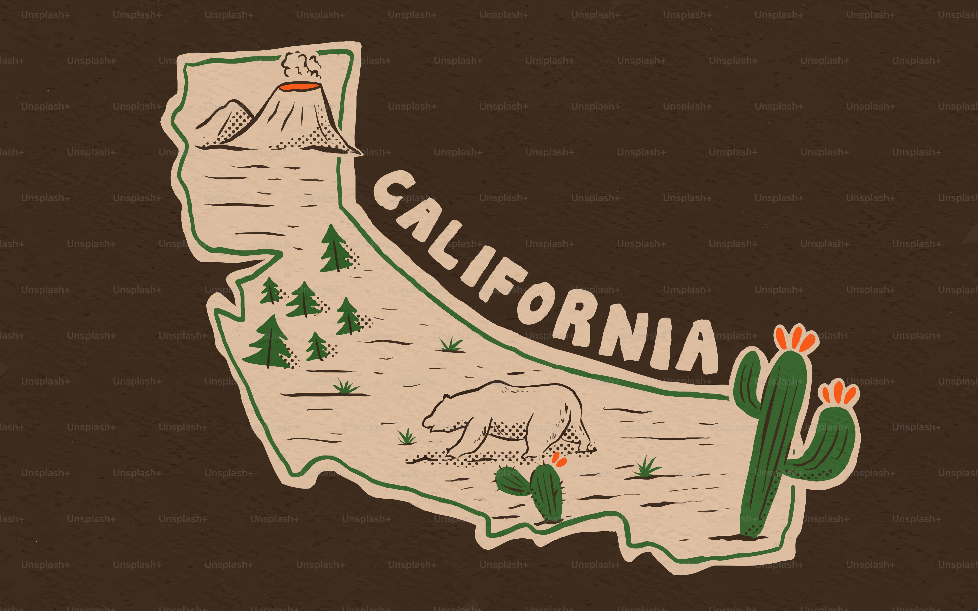 Esquema de California con monumentos icónicos y fauna