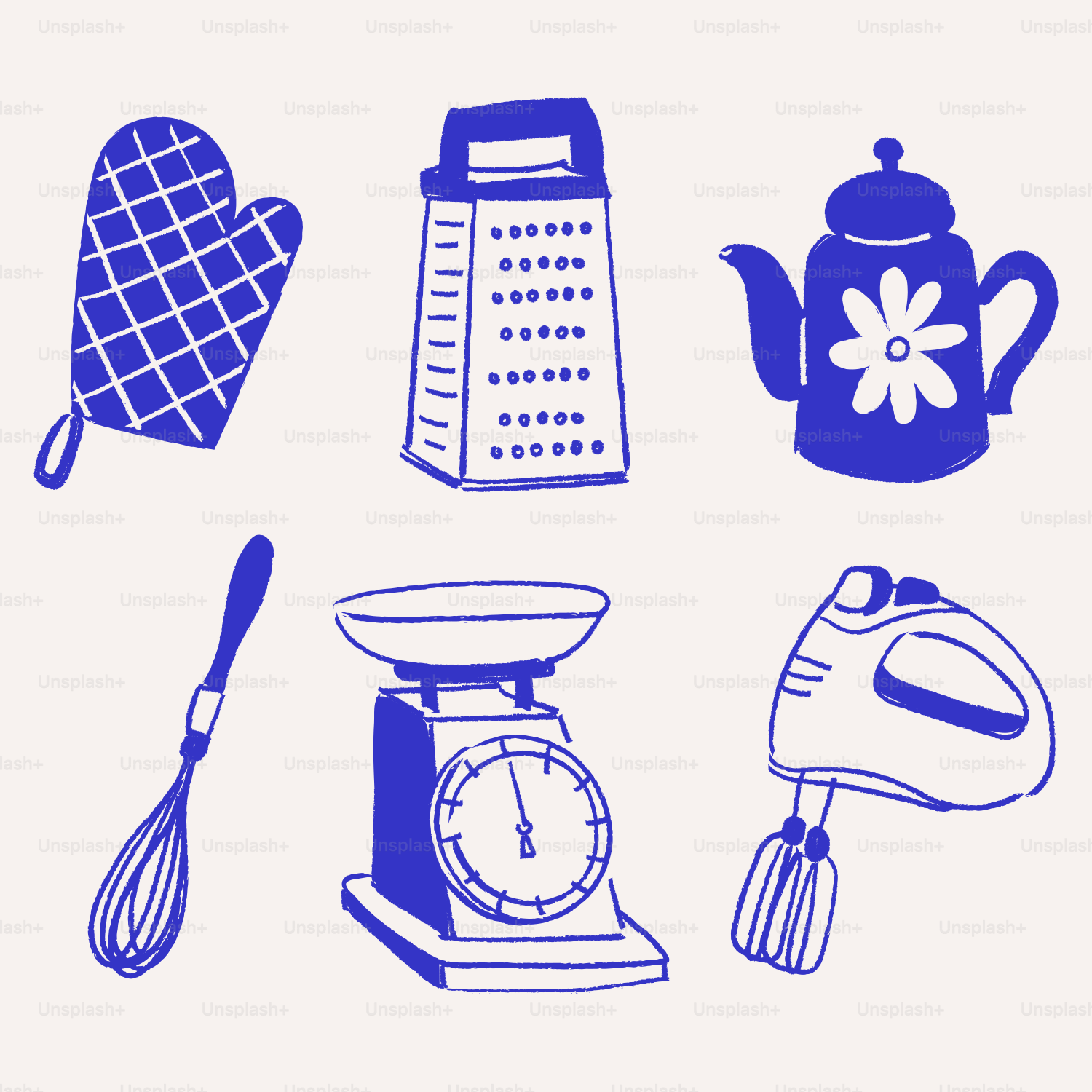Kitchen utensils including a grater, teapot, and mixer