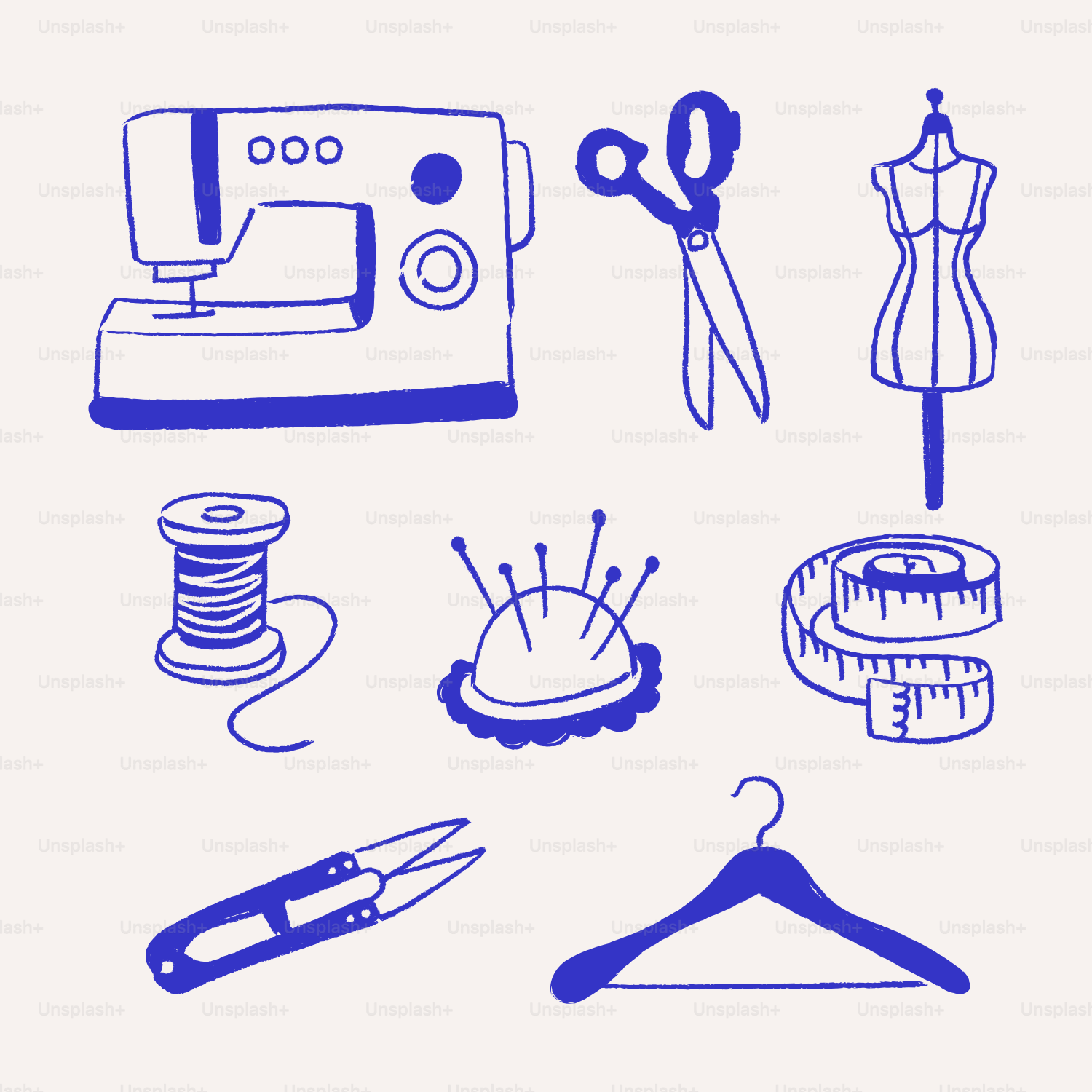 Sewing machine, scissors, mannequin, thread, pins, tape measure, hanger