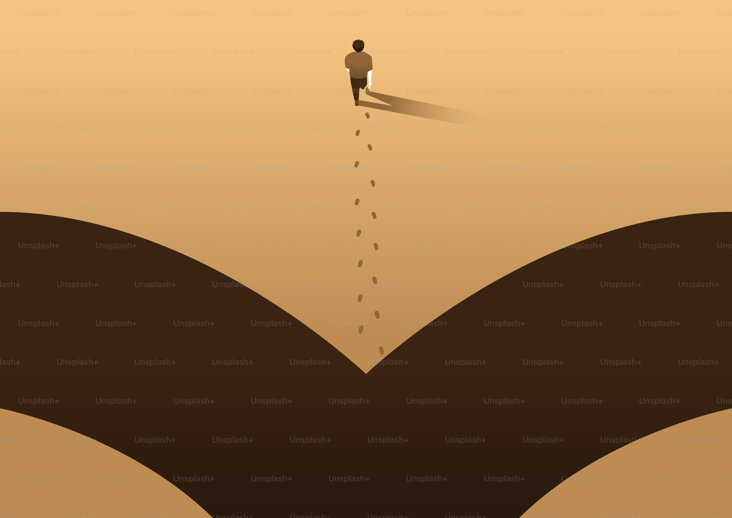 Man walking on a path splitting into two directions