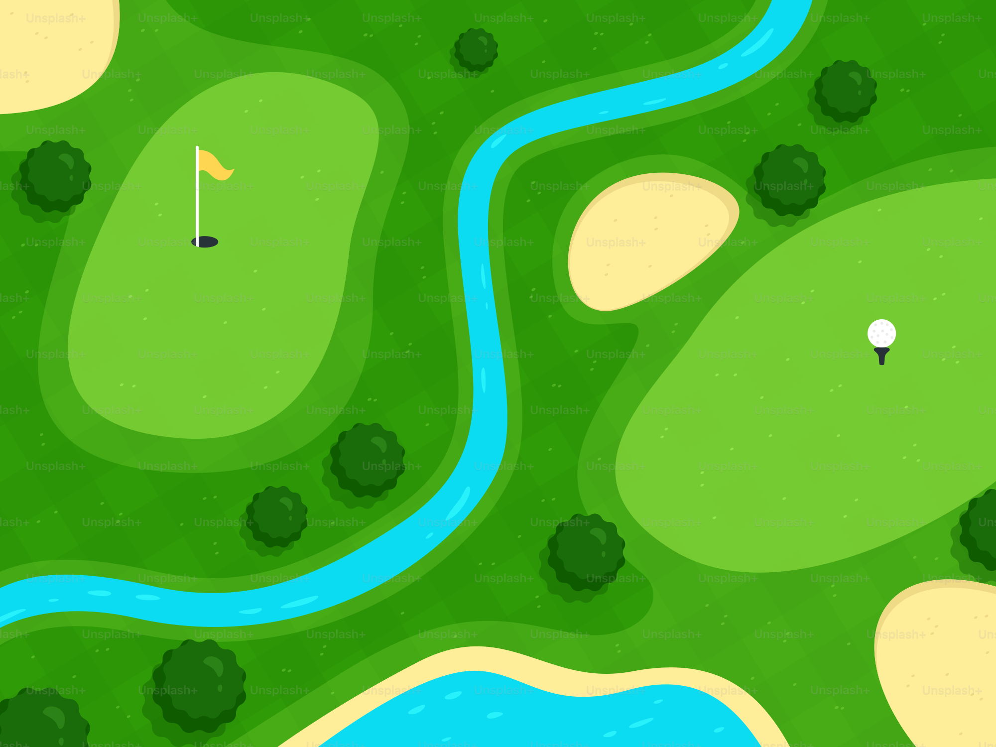 Aerial view of a golf course with water hazards.