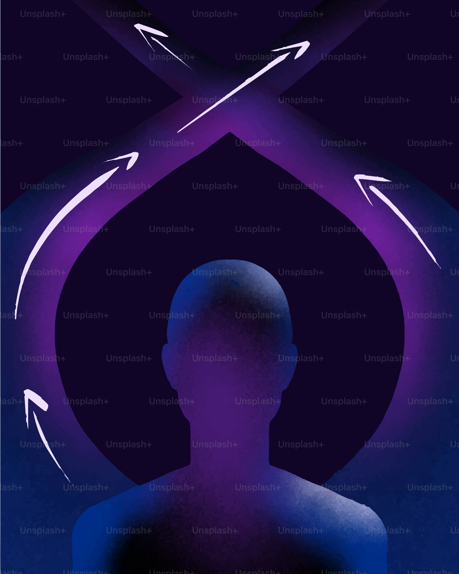 Silhouette of a person with purple arrows pointing inwards.