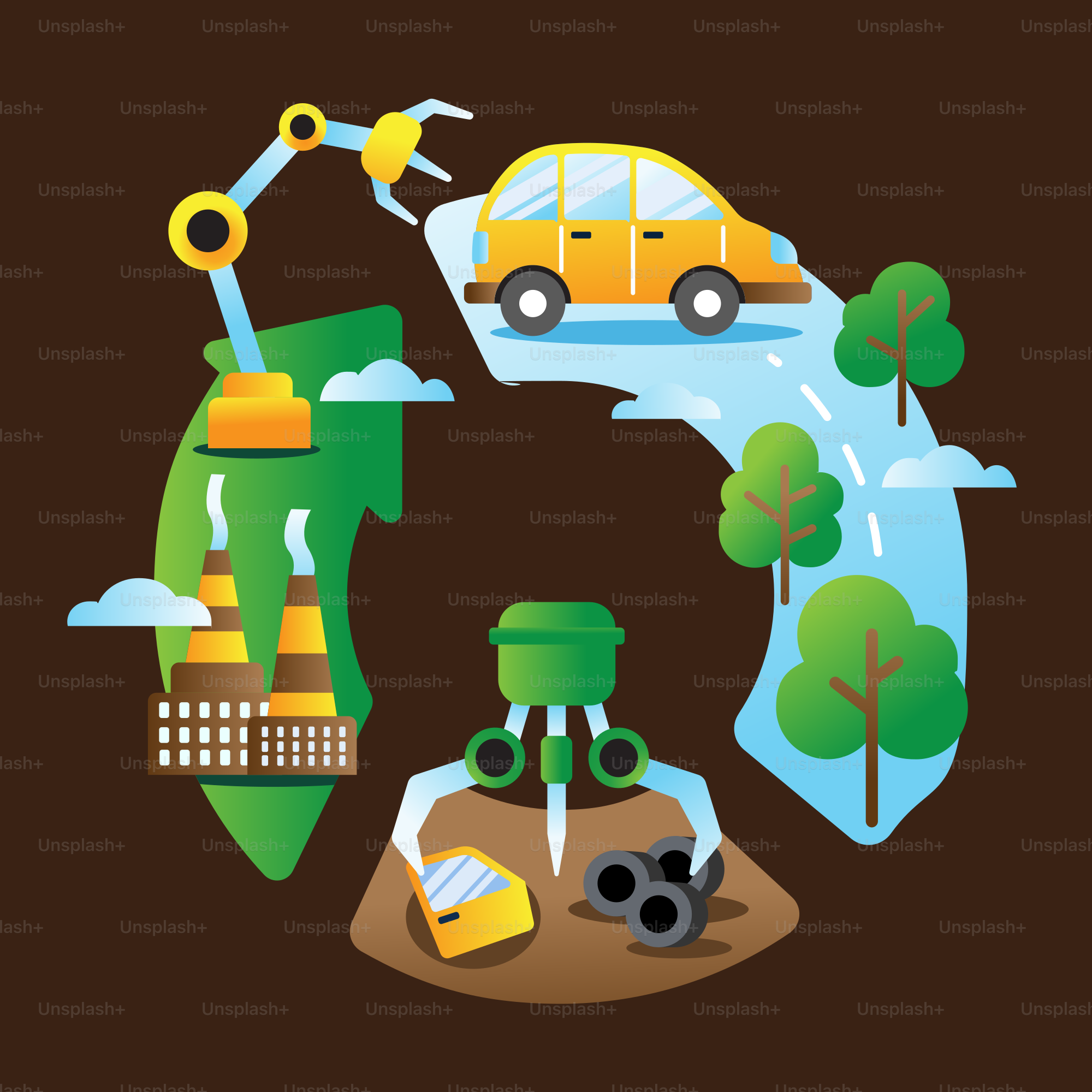 Automated car manufacturing and recycling process illustration