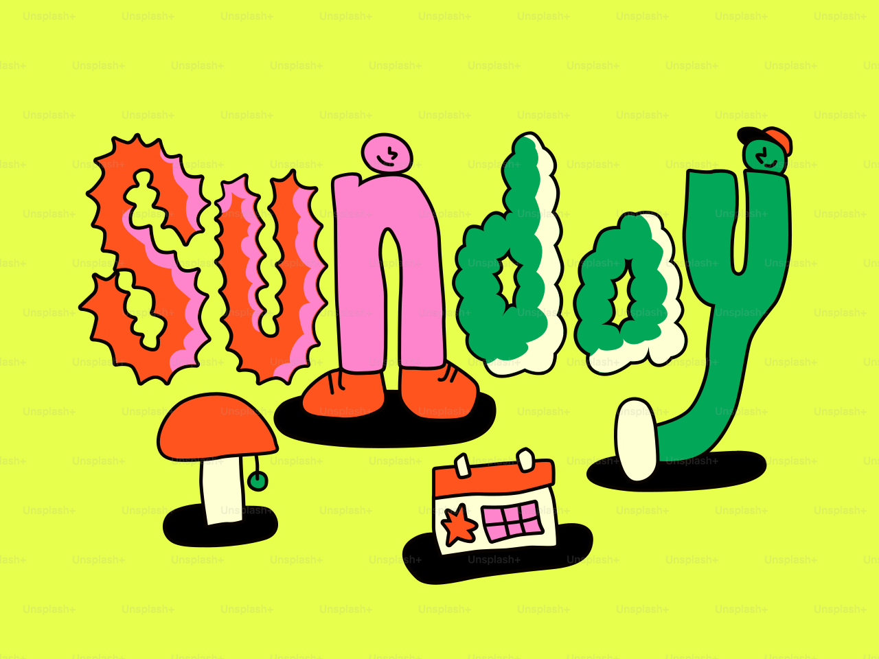 カラフルで遊び心のあるテキストで、「Sunday」とアイコンで綴られています。