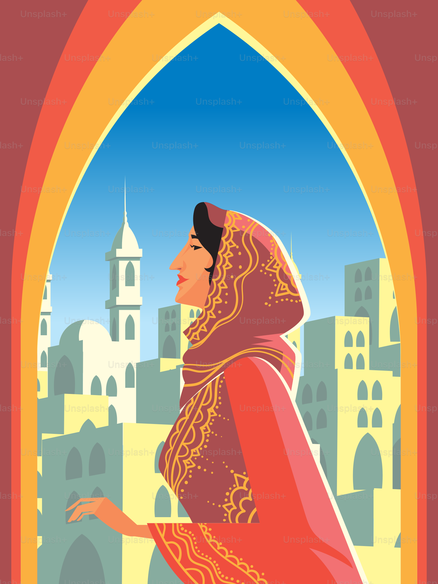 Woman in traditional dress looks out over city