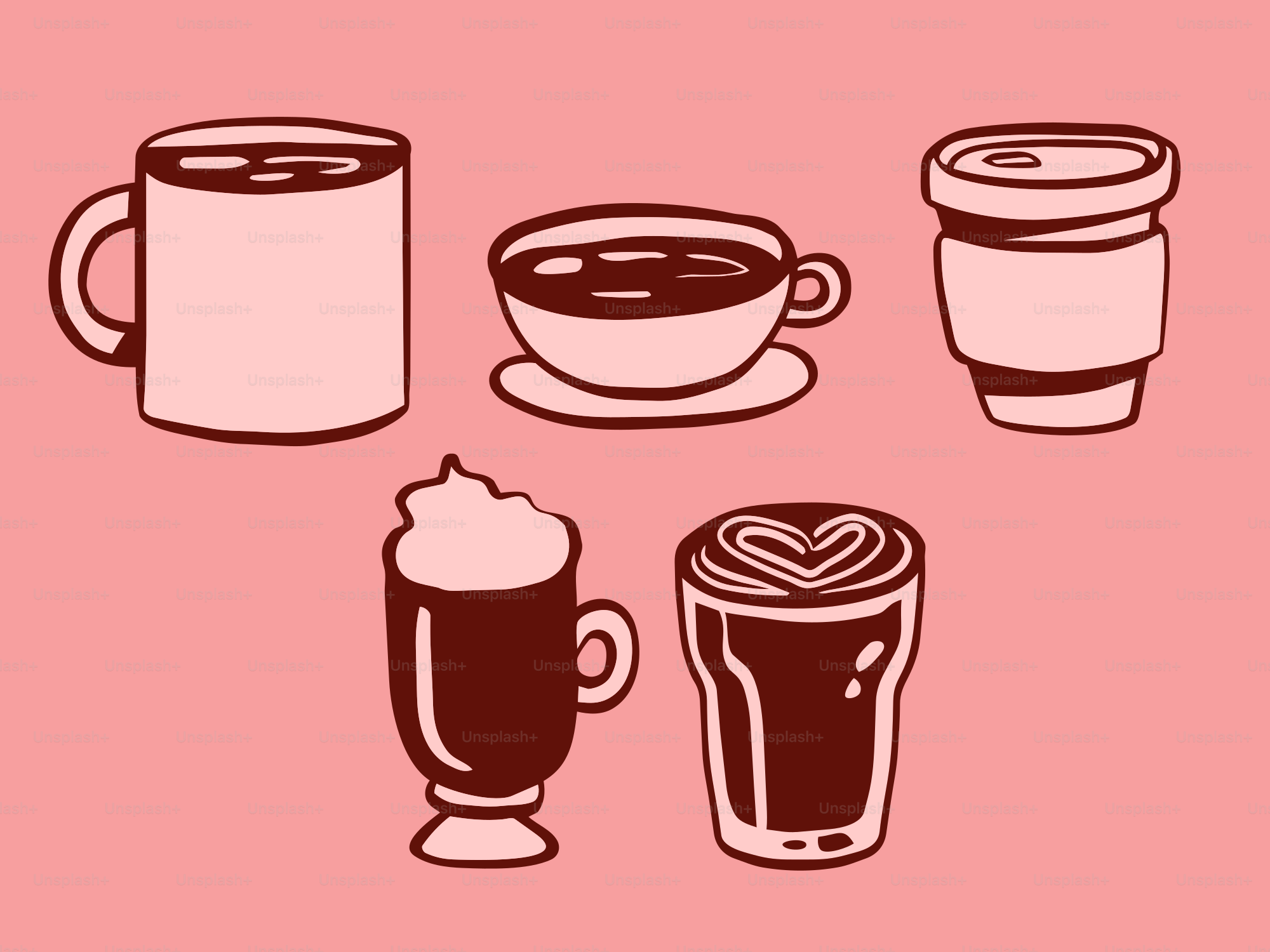 Varie bevande al caffè su sfondo rosa