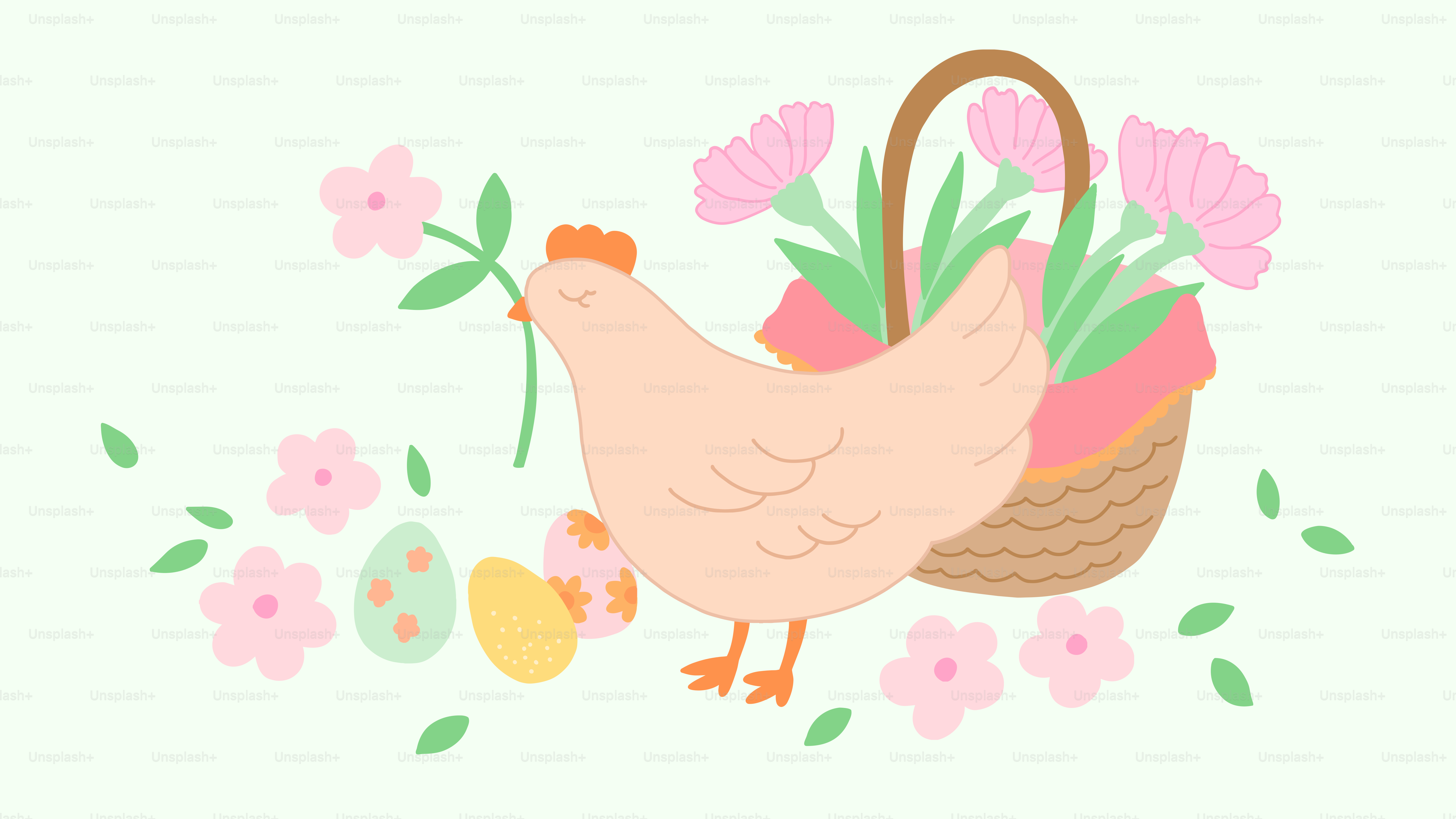 Ein Huhn mit Blumen, Ostereiern und einem Korb.