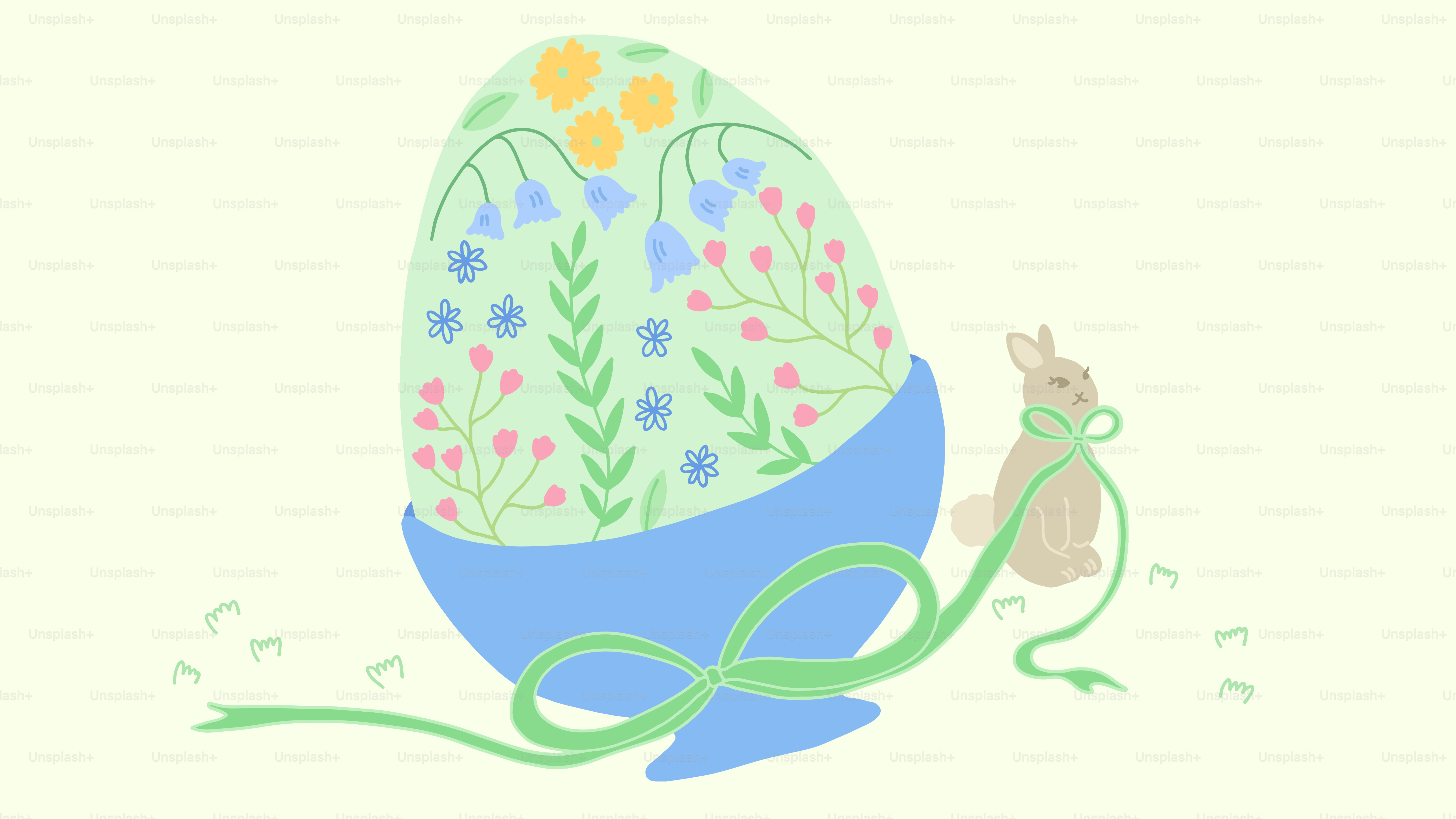 Ein Osterei, dekoriert mit Blumen und einem kleinen Hasen.