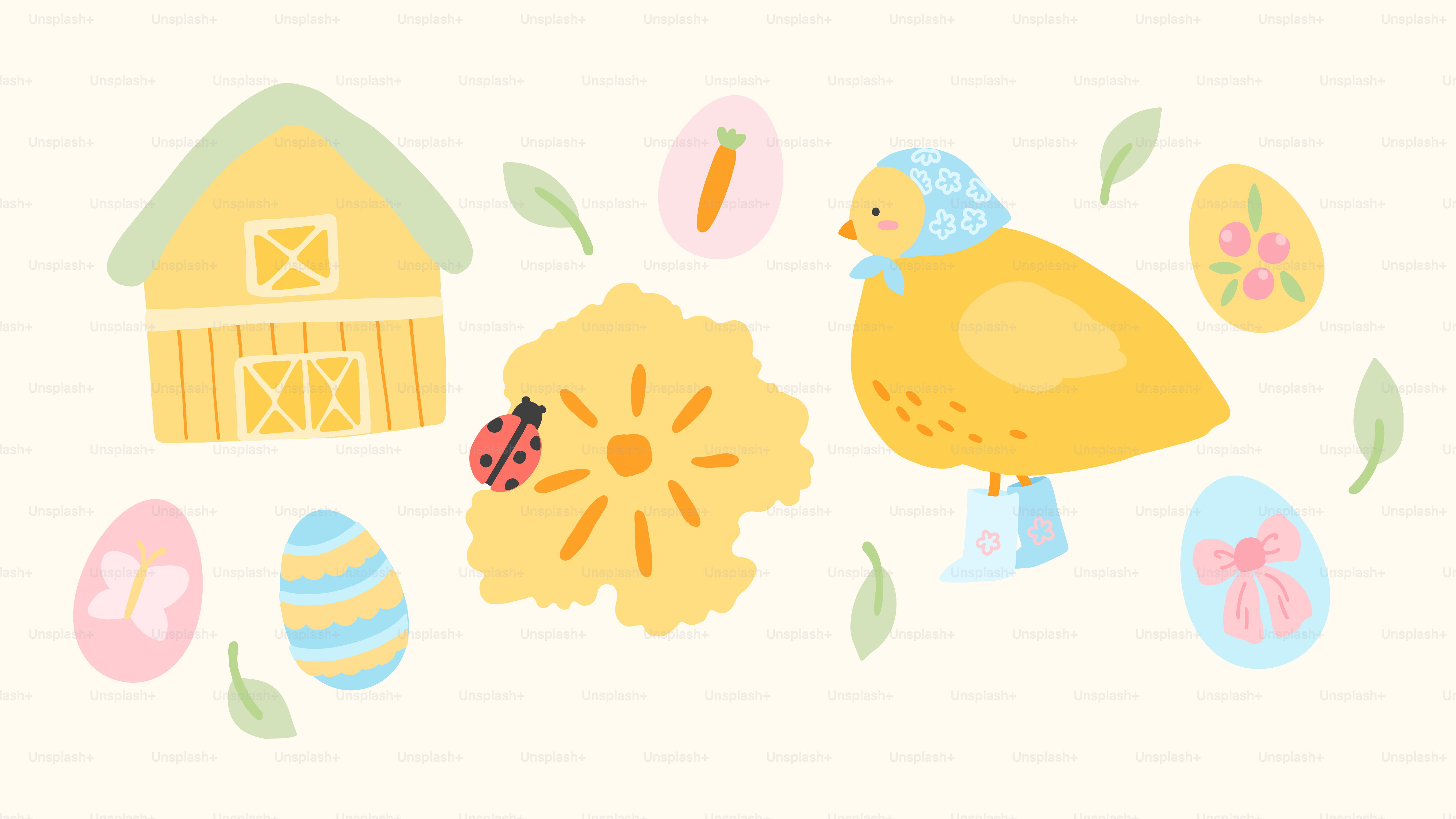 Osterküken, Scheune, Eier und Karotten-Illustration