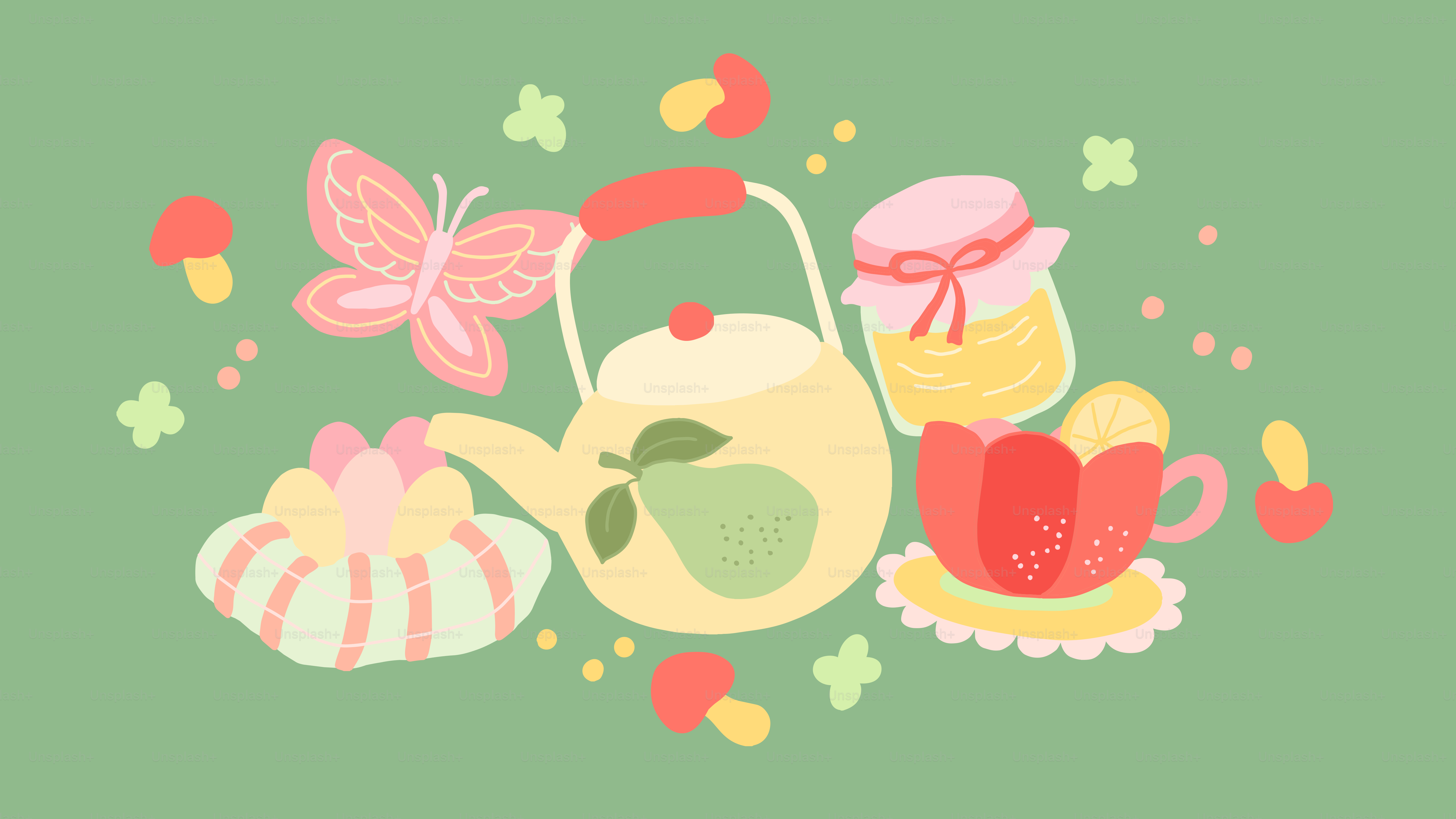 Ein verspieltes Teeservice mit einem Schmetterling und Pilzen.