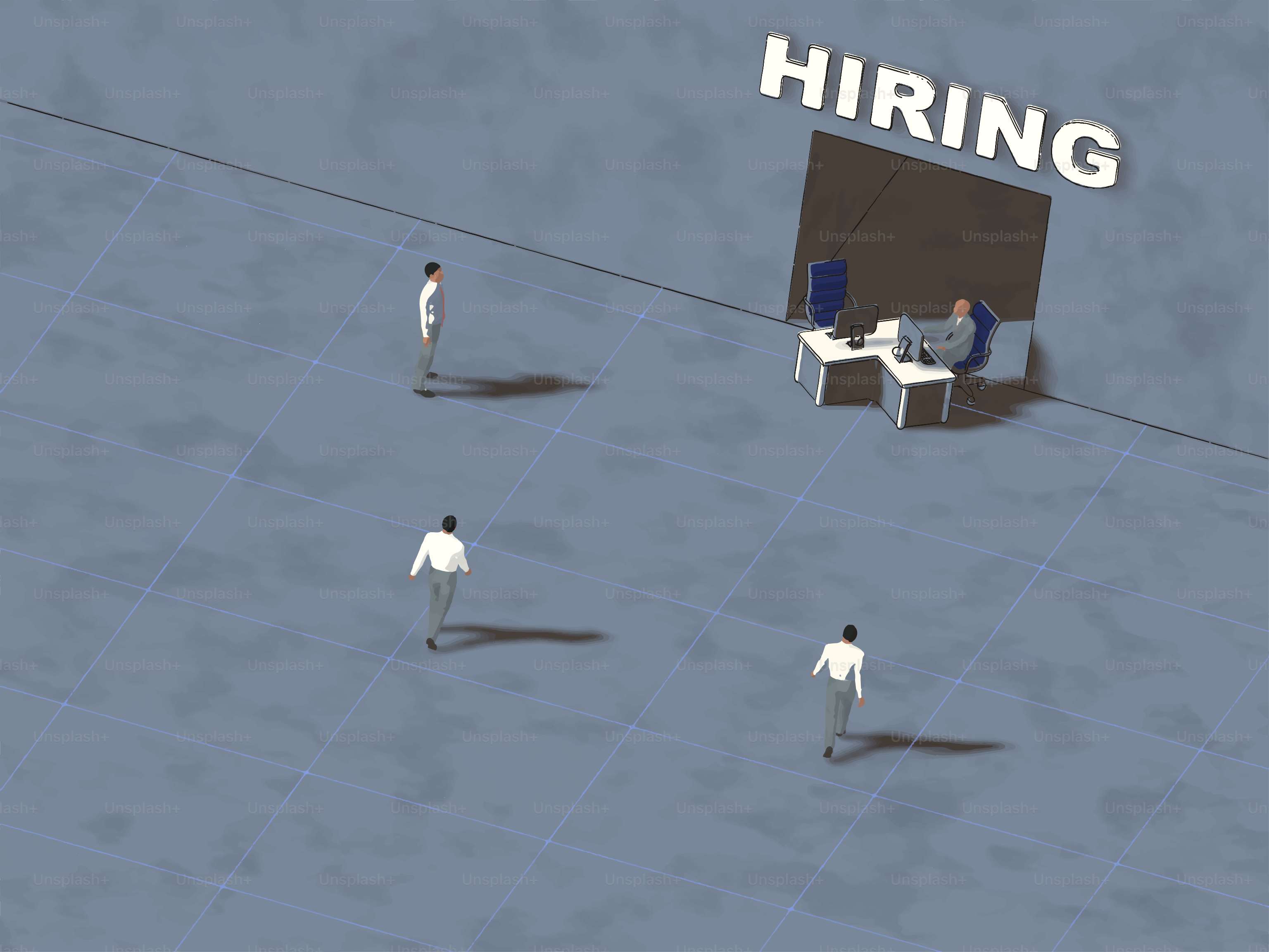 Die Leute gehen mit einem Schild auf ein Personalvermittlungsbüro zu.