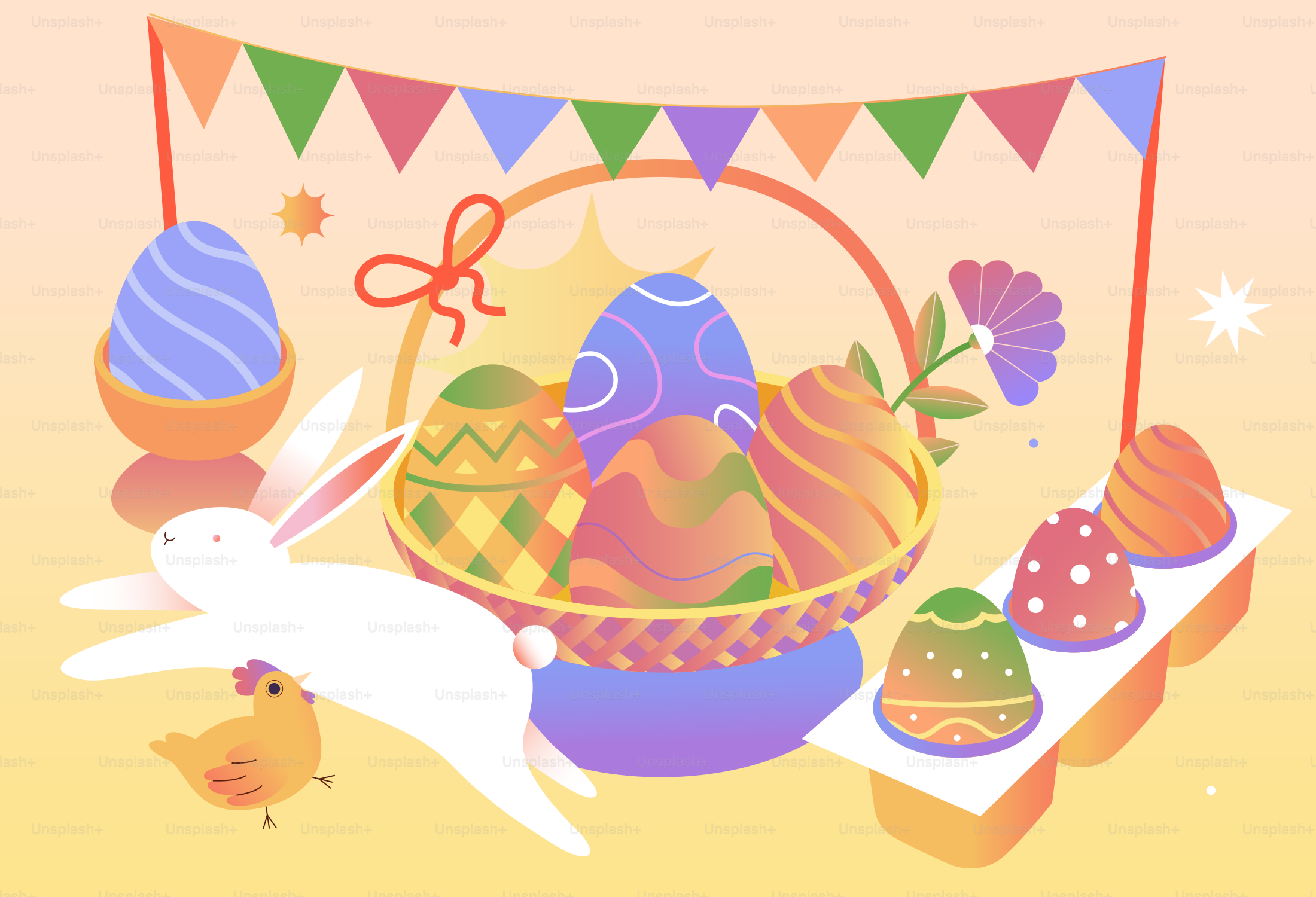 Un lapin de Pâques avec des œufs décorés et un poussin