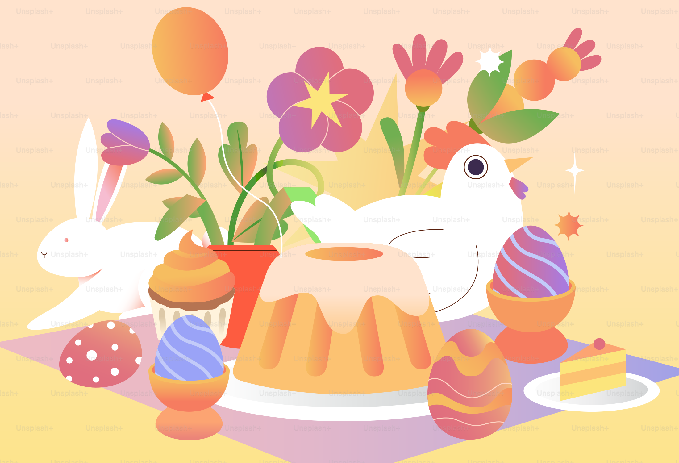 Décorations de Pâques avec gâteau, œufs et lapin