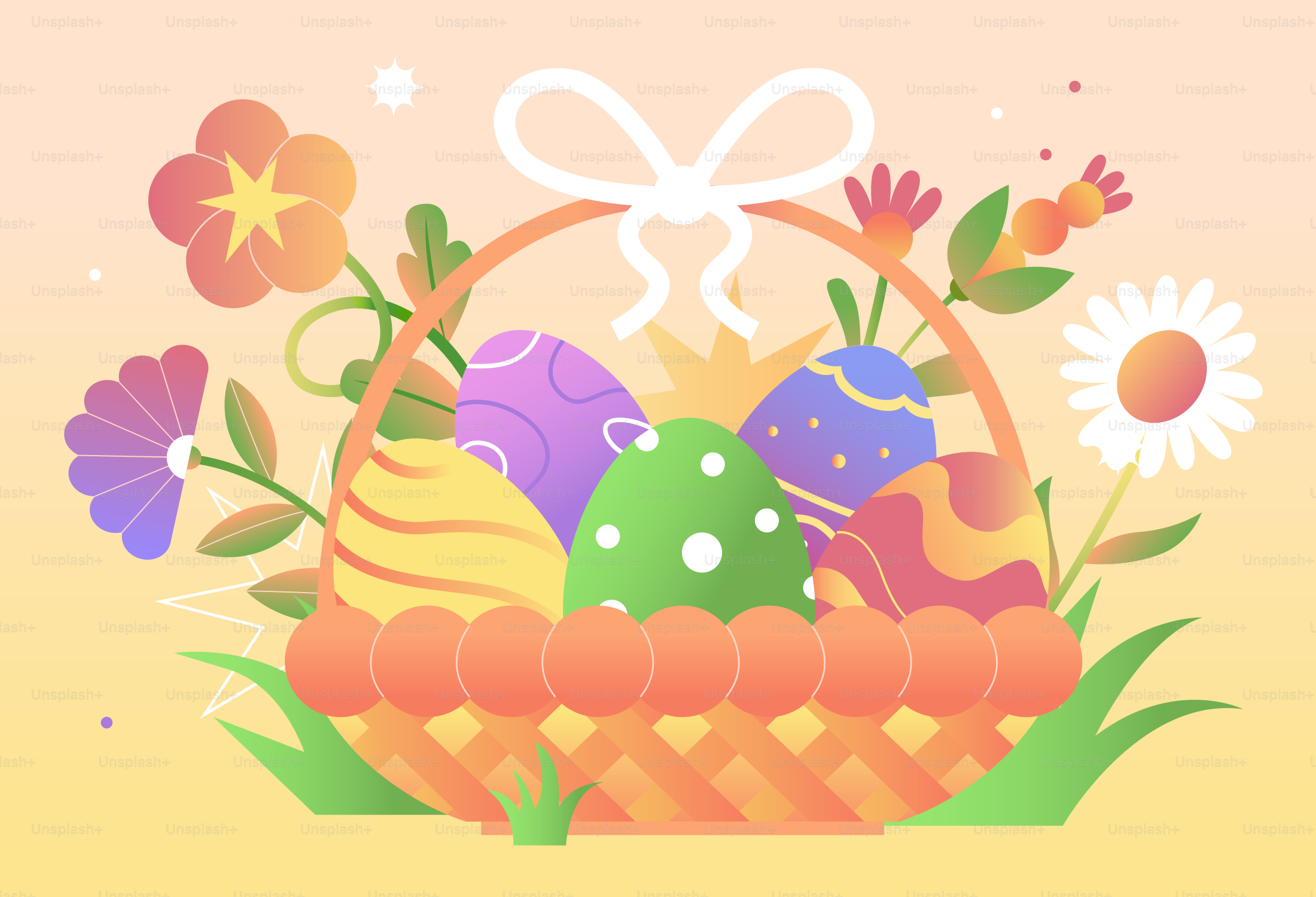 Panier de Pâques rempli d’œufs et de fleurs décorés colorés