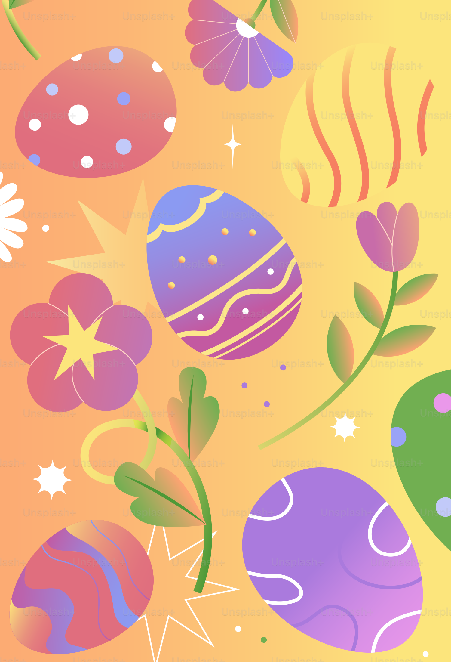 Des œufs de Pâques colorés et des fleurs sur un fond en dégradé.