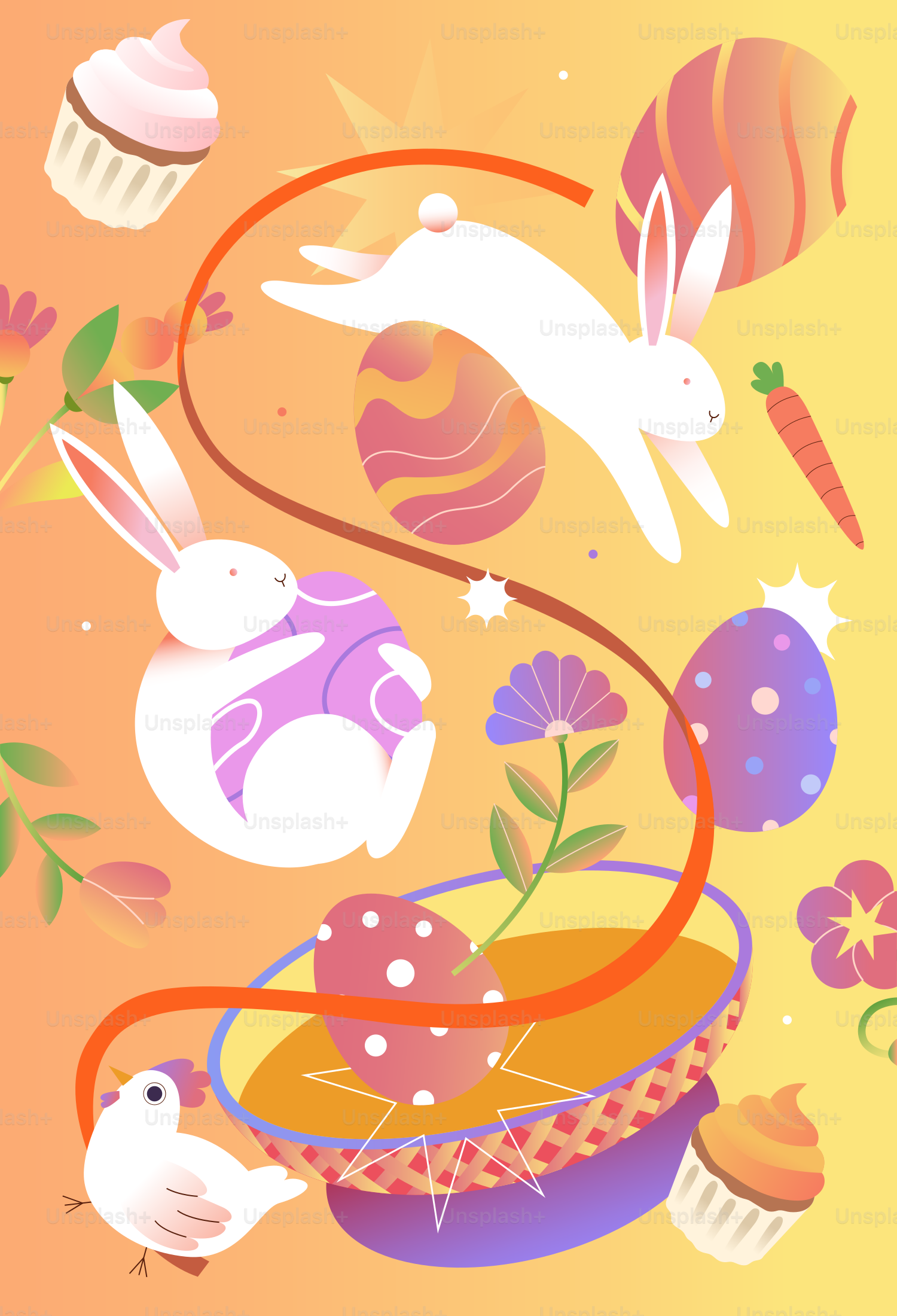 Lapins de Pâques, œufs, cupcakes et fleurs sur un fond en dégradé.