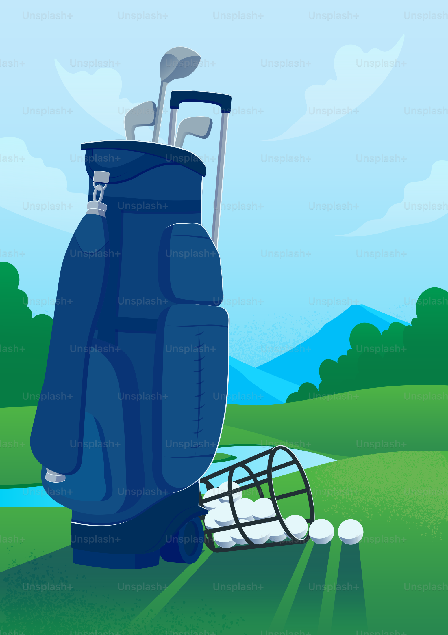 Golf bag with clubs and balls on a course