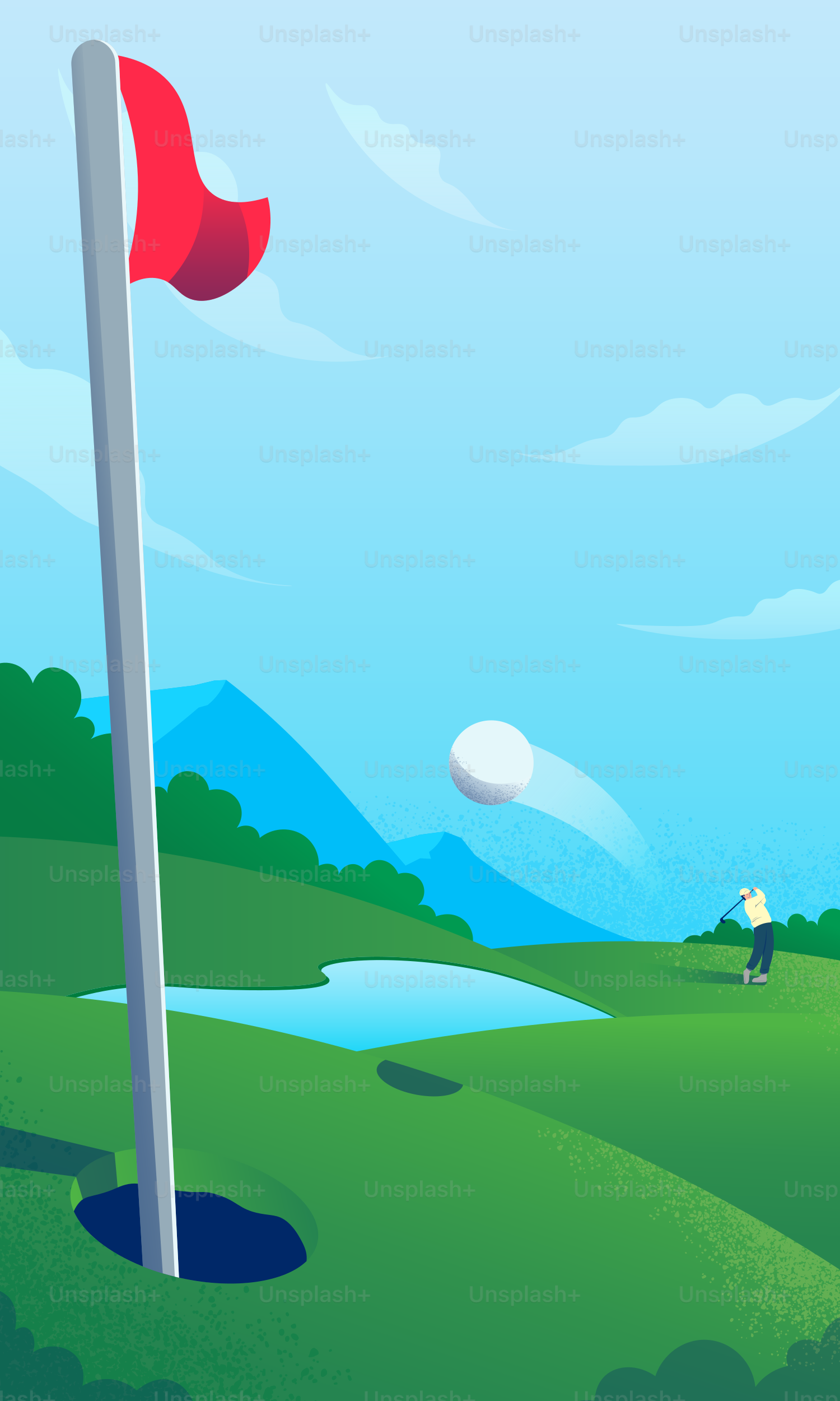 Golfer hits ball near flag on green course.