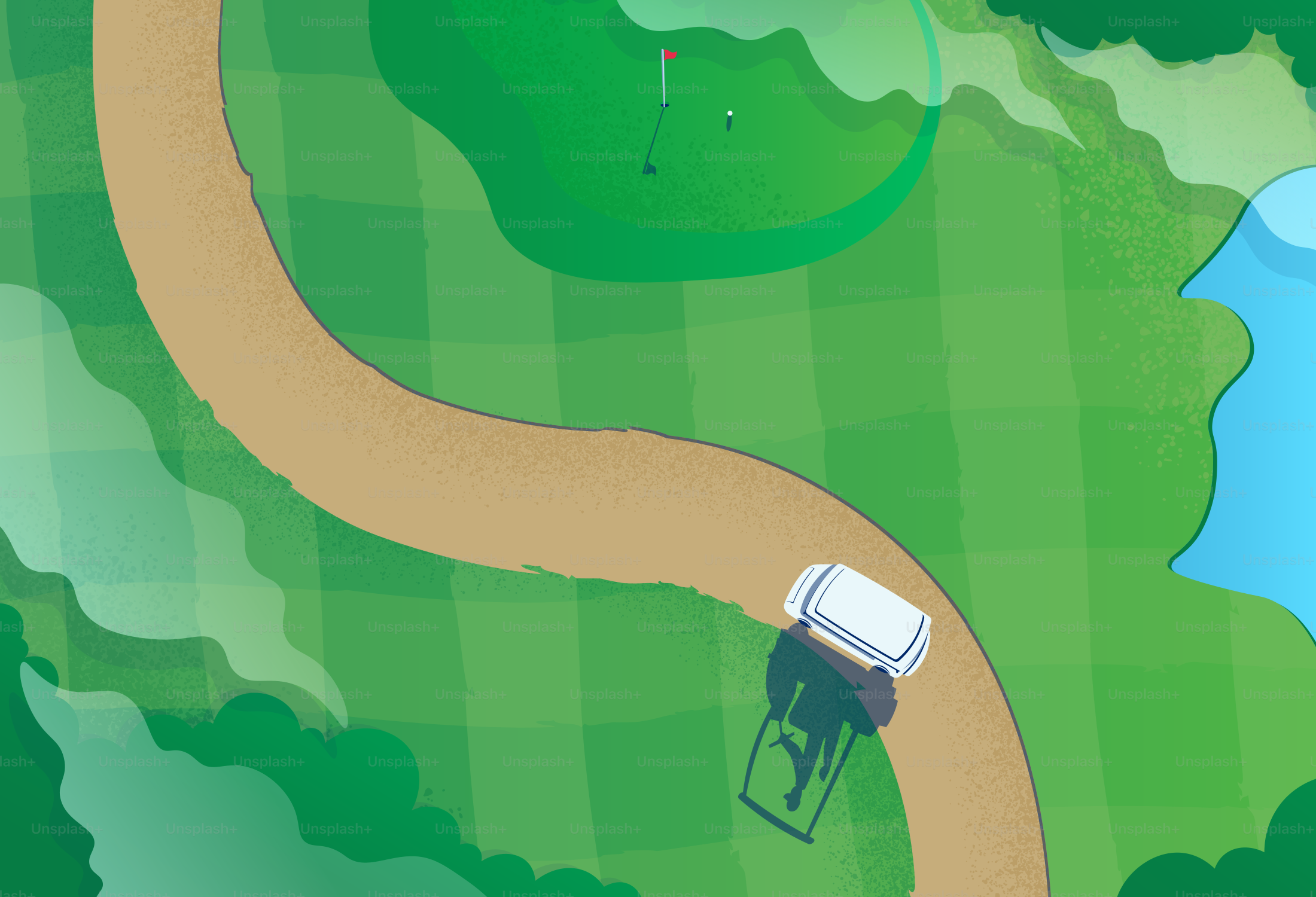 グリーン近くの曲がりくねった道を走るゴルフカート