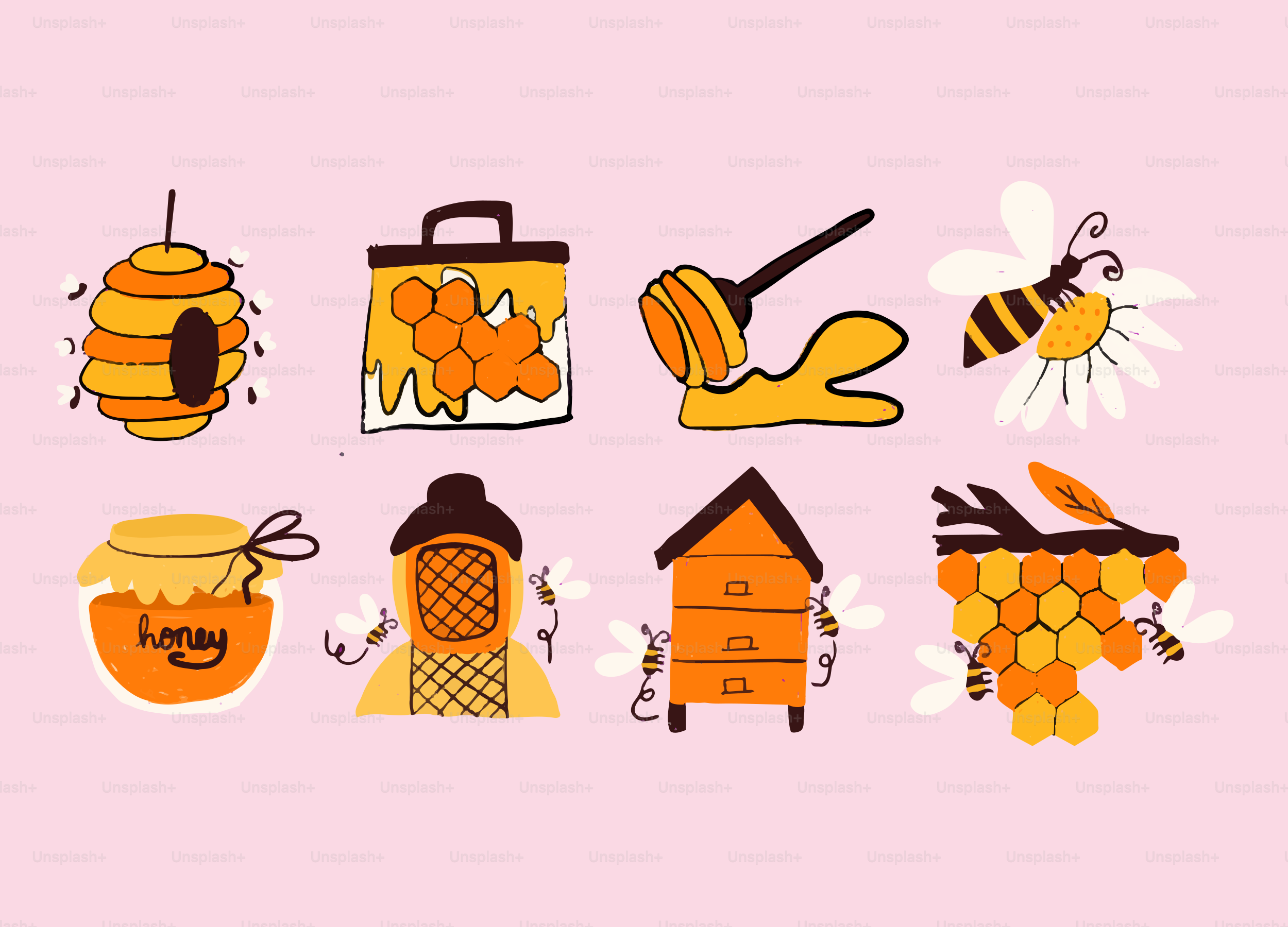 Collection of bees, honeycombs, and beehives on pink background