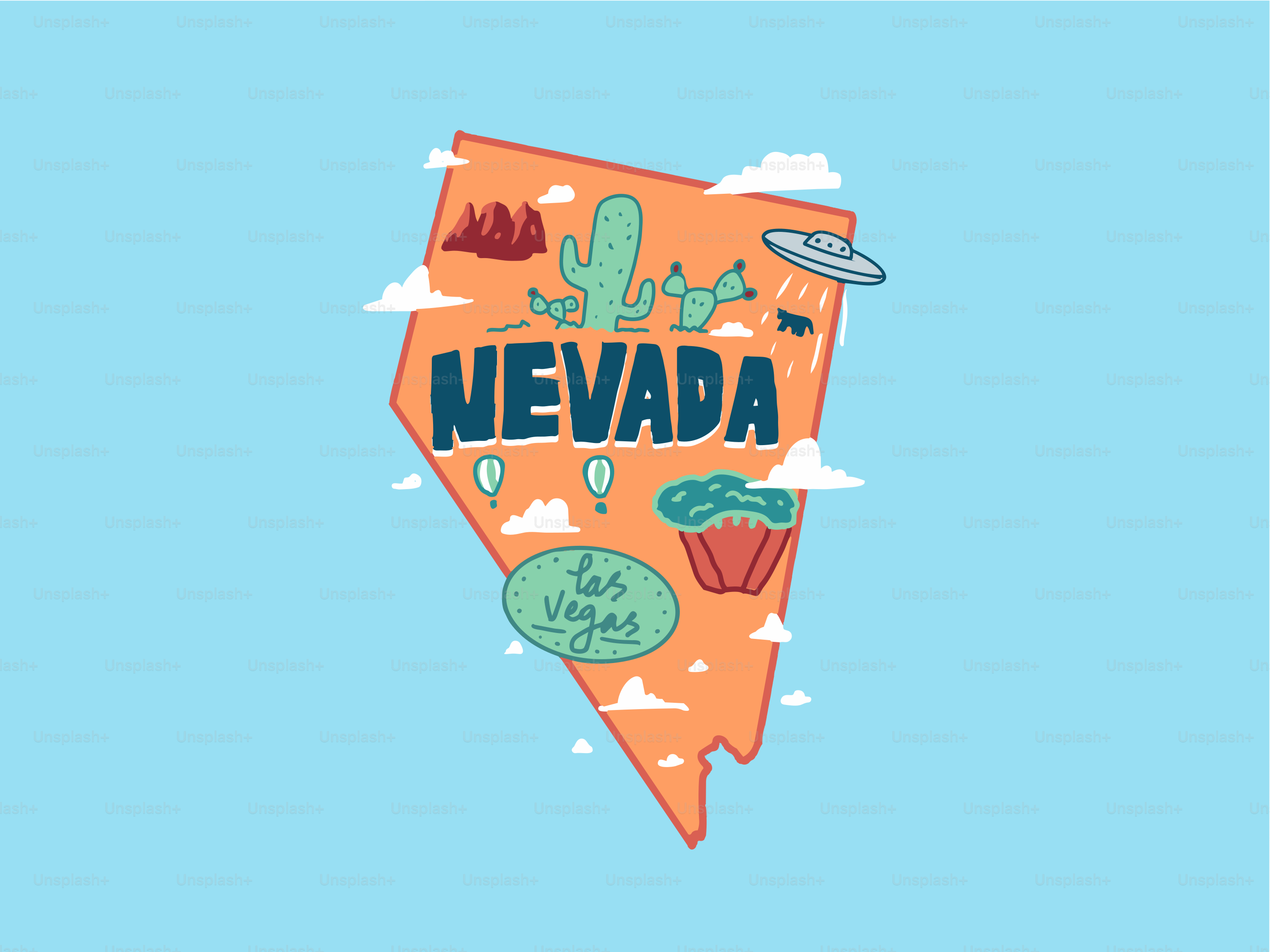 네바다 주 윤곽선과 사막 아이콘, 라스베이거스 텍스트가 포함되어 있습니다.