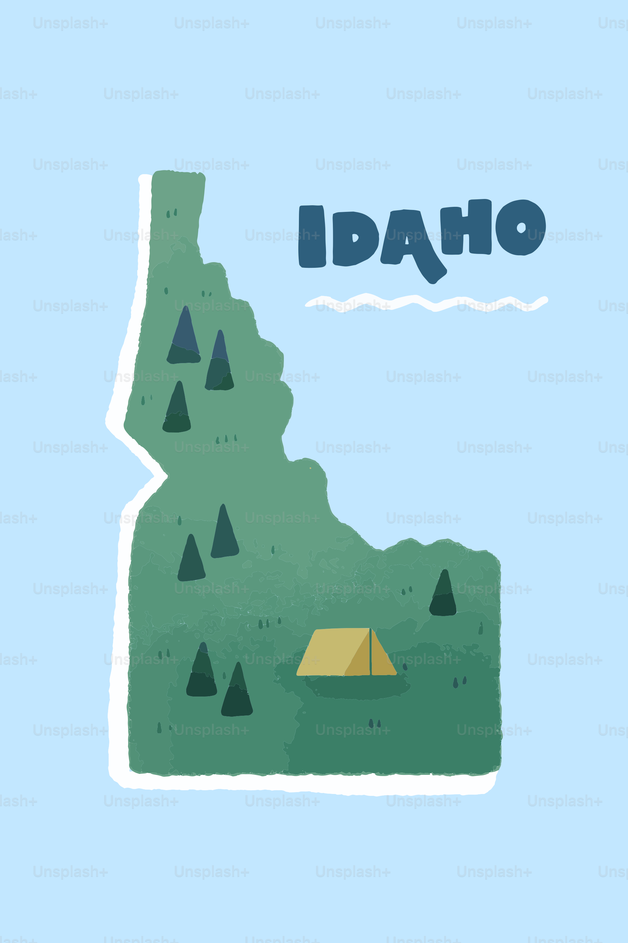 Karte von Idaho mit Bäumen und einem Zelt