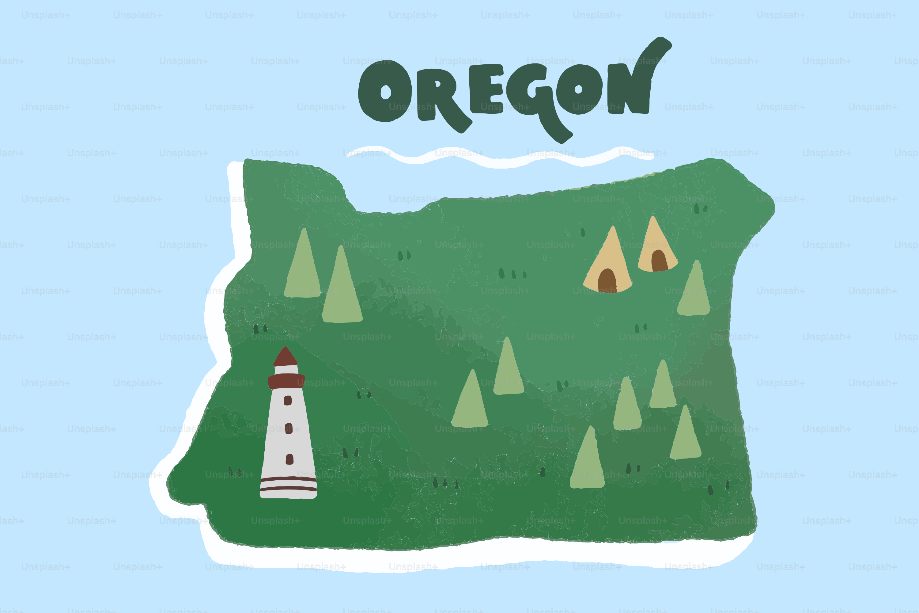 Mappa dell'Oregon con alberi e faro