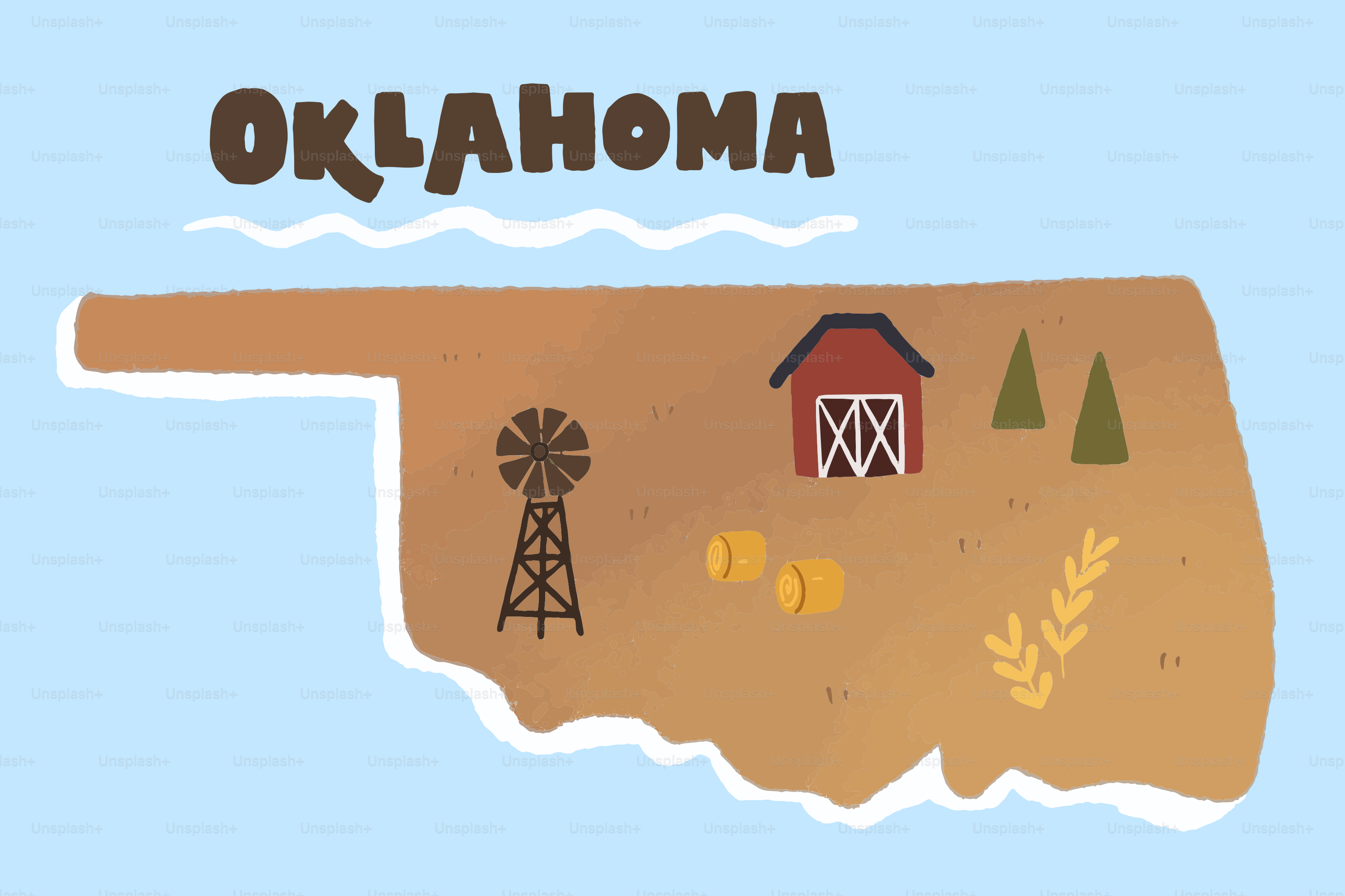 Karte des Bundesstaates Oklahoma mit Bauernhof- und Windmühlen-Illustration