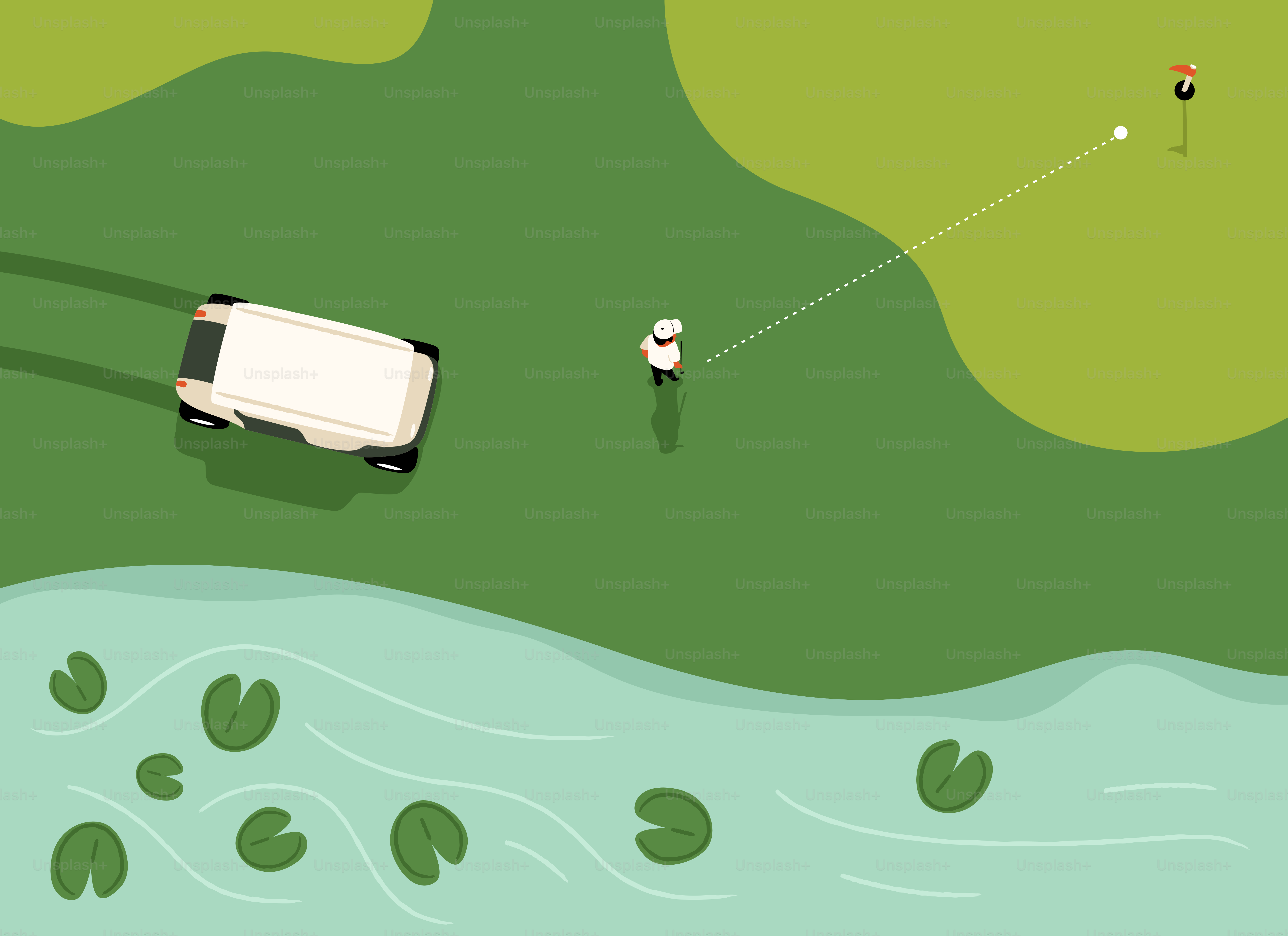 Golfista golpeando la bola cerca del carrito de golf y el agua