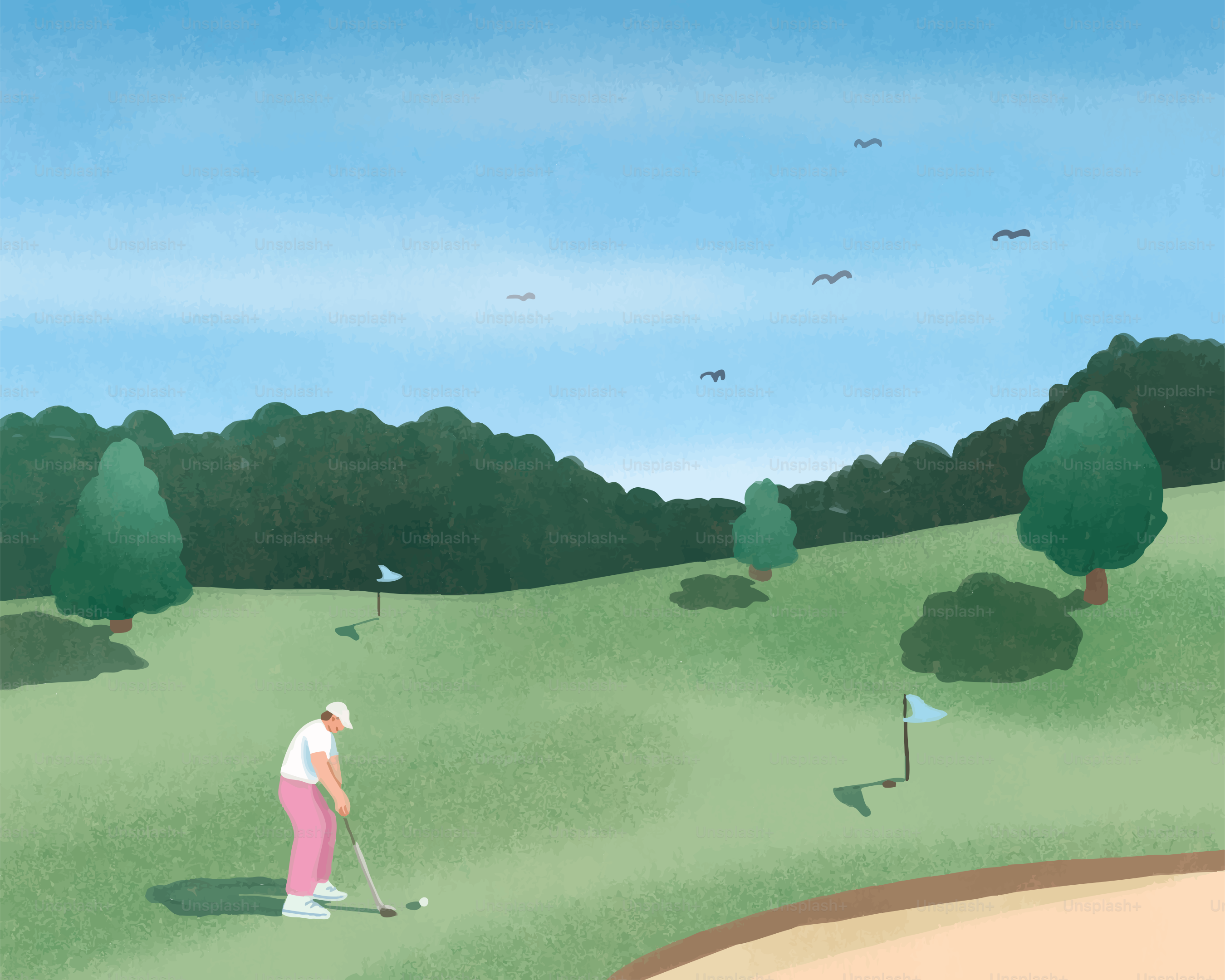 Golfer, der an einem sonnigen Tag mit fliegenden Vögeln setzt.