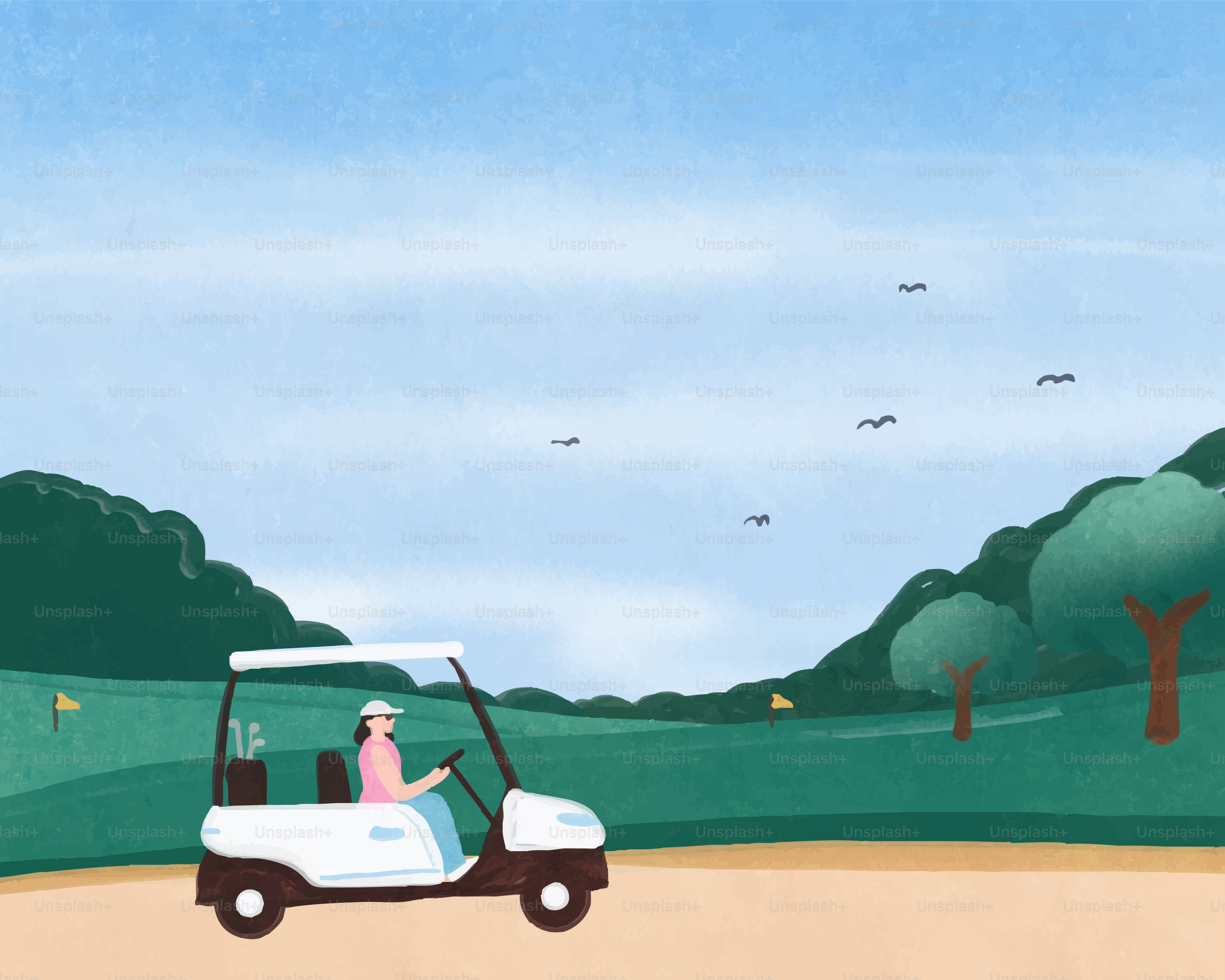 Frau, die an einem sonnigen Tag einen Golfwagen fährt