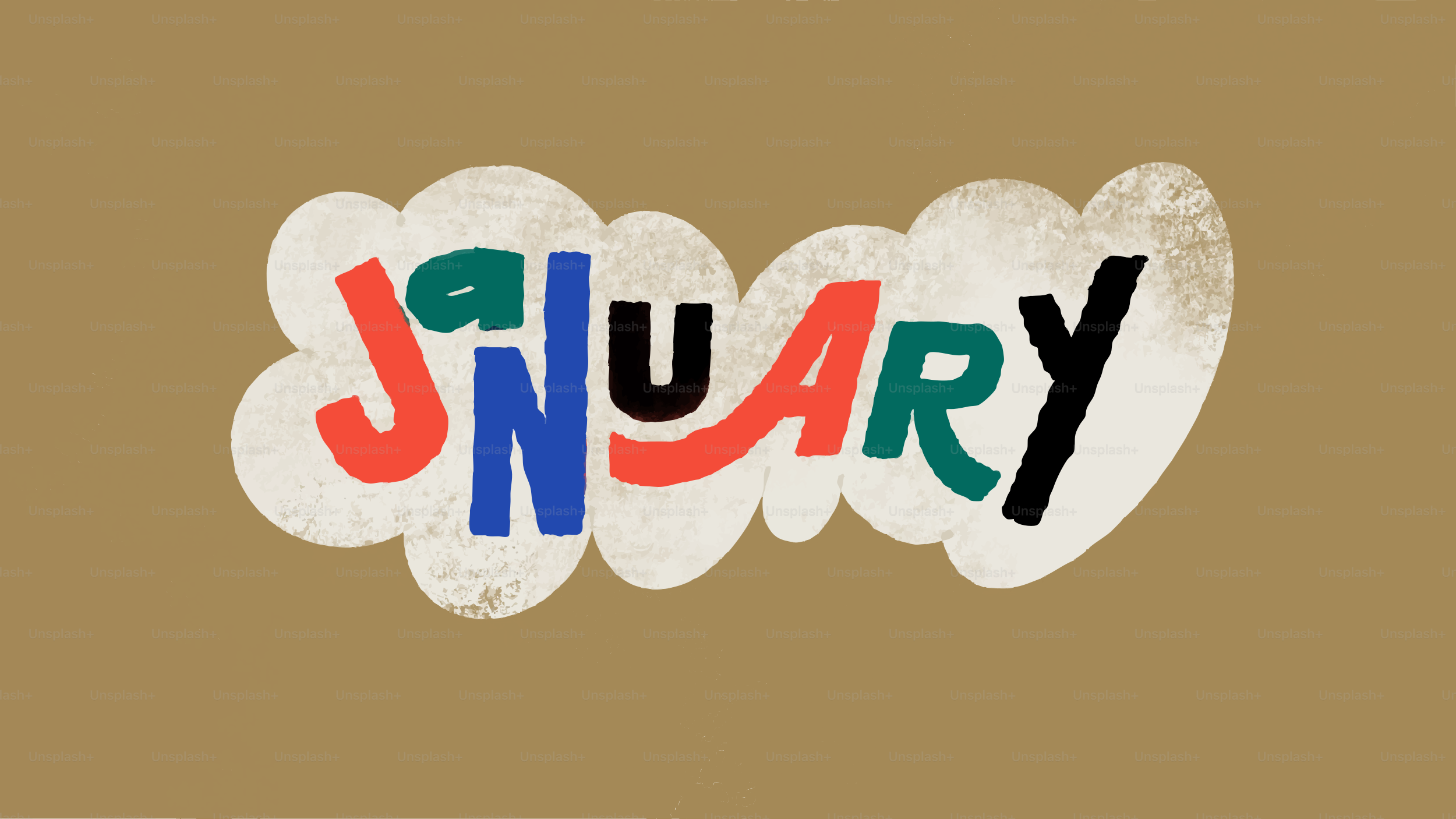 Bunte Texte, die Januar auf einer Wolkenform ausgibt.