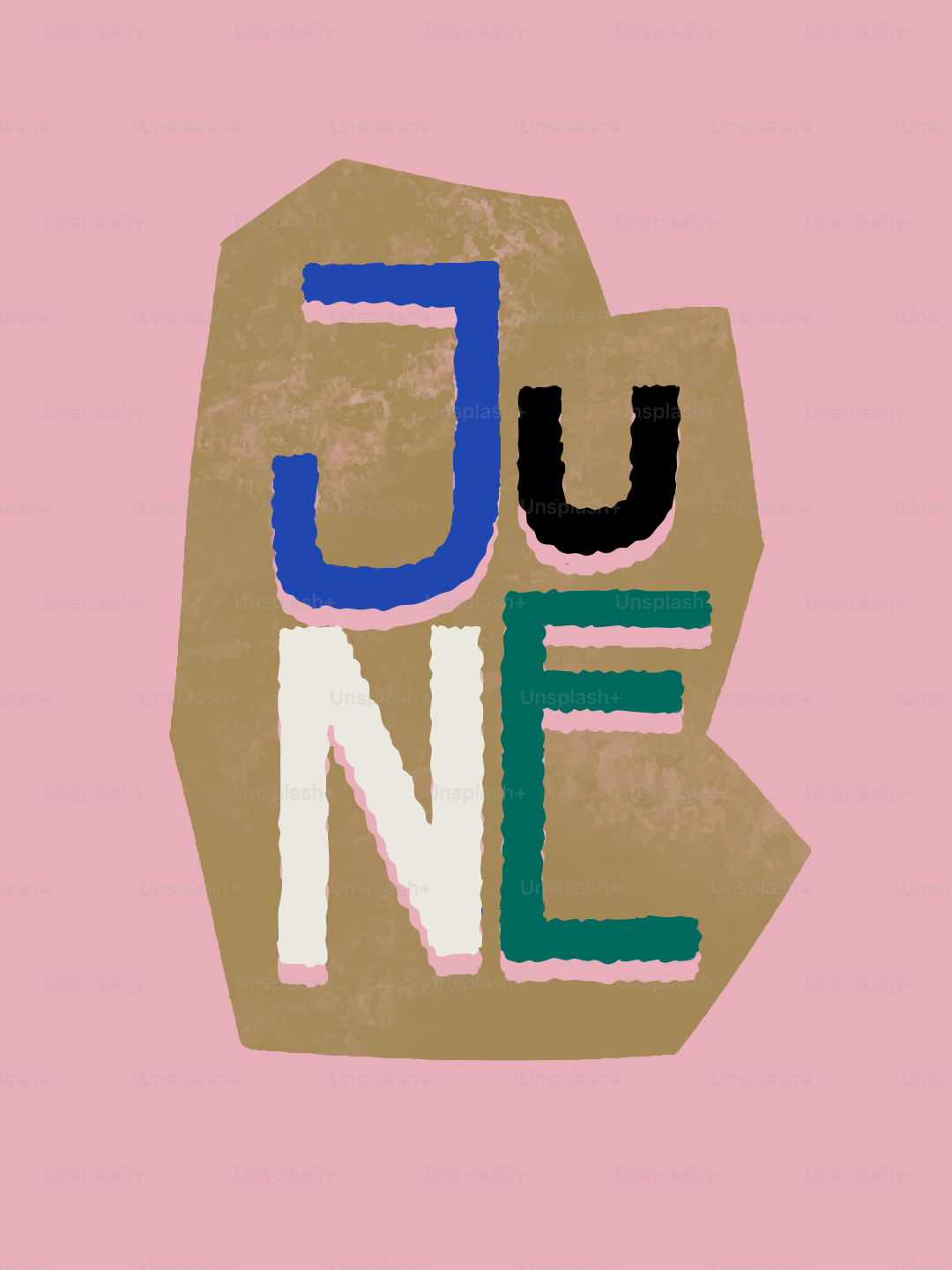 The word june in colorful block letters