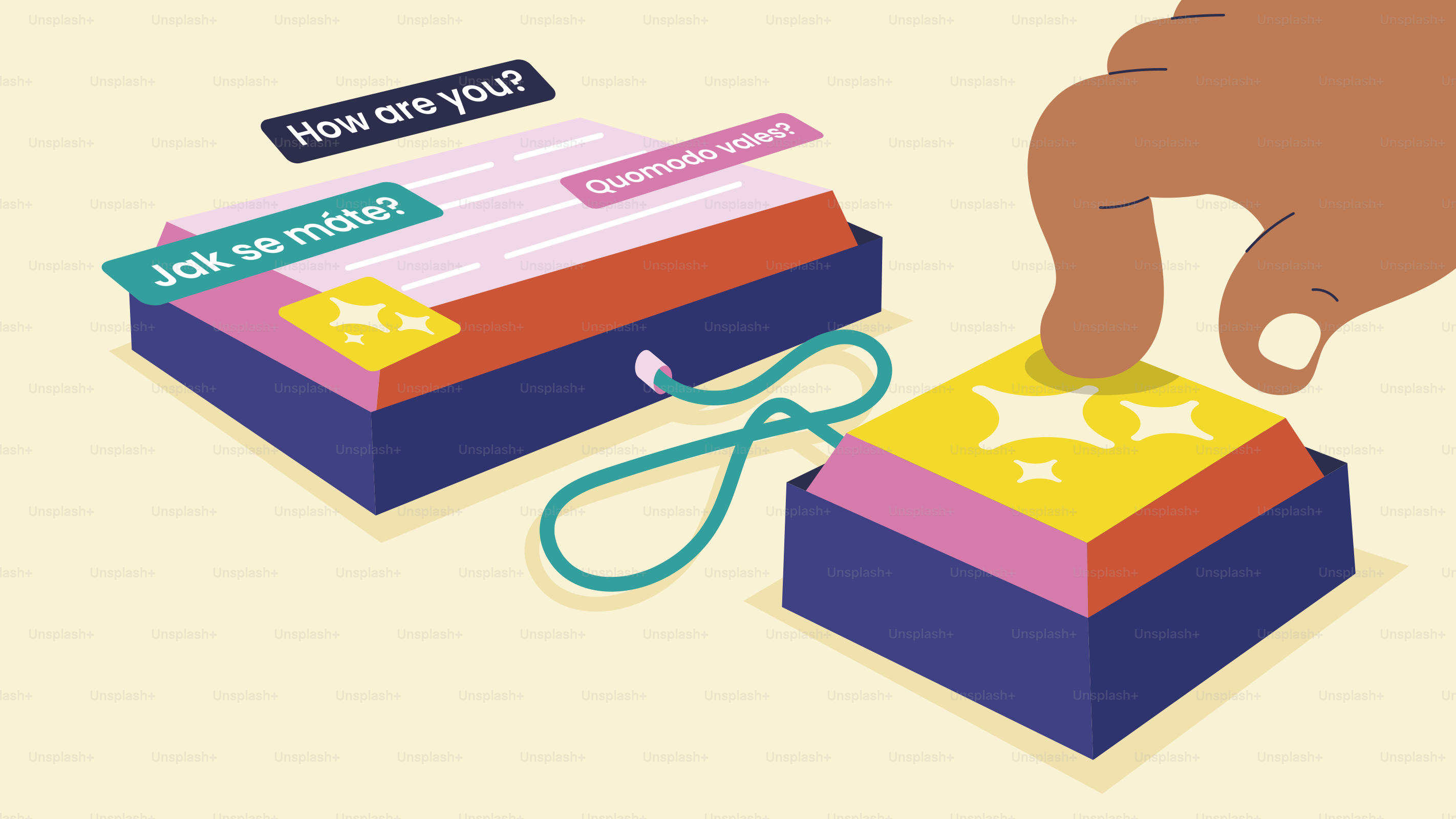 Hand pressing button connected to stacked paper notes.