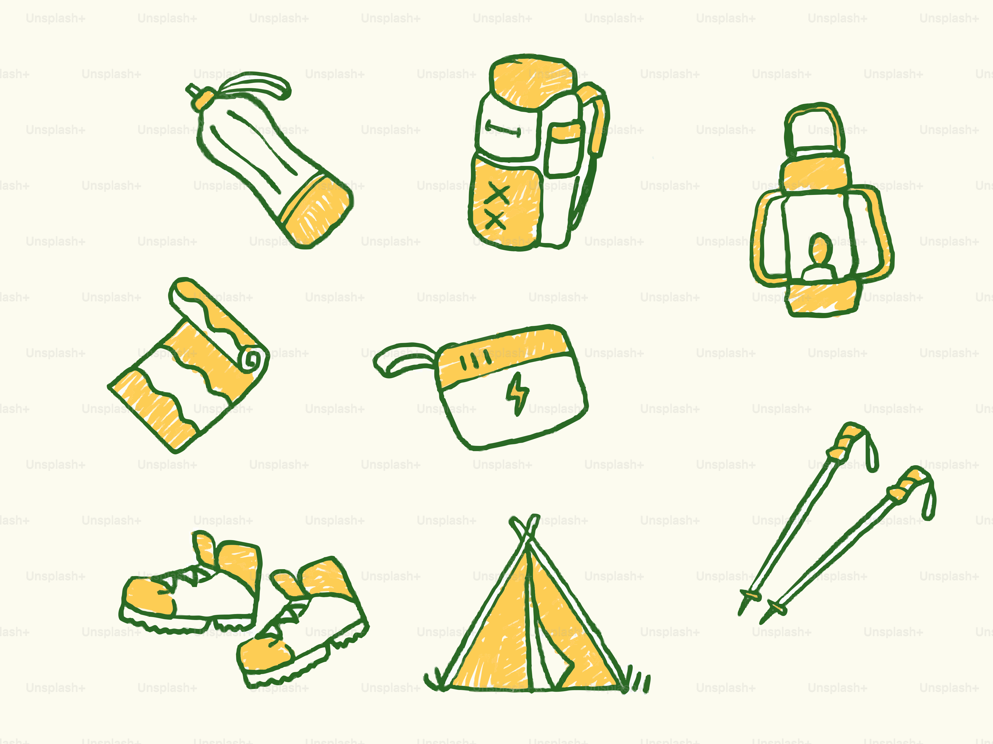 Campingausrüstung wie Zelt, Stiefel, Rucksack und Laterne.