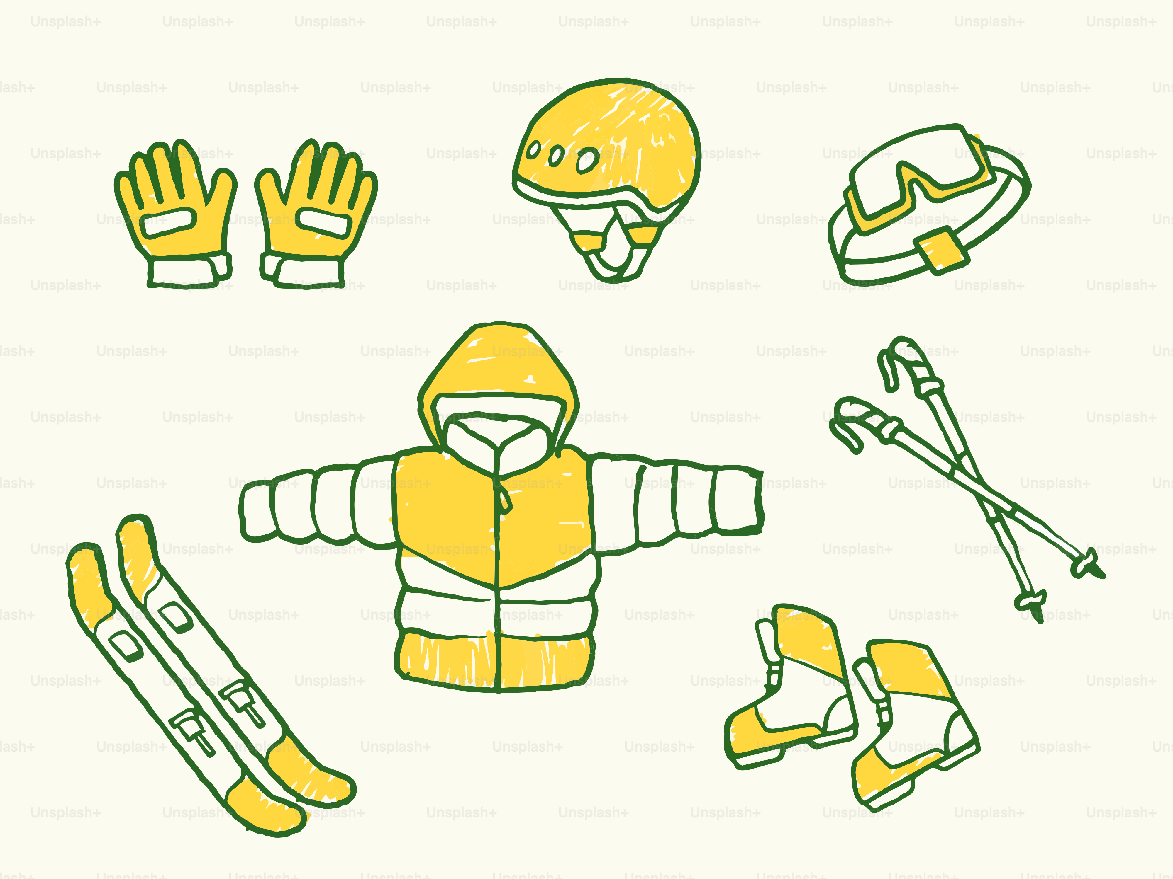 Yellow ski gear laid out on a cream background.