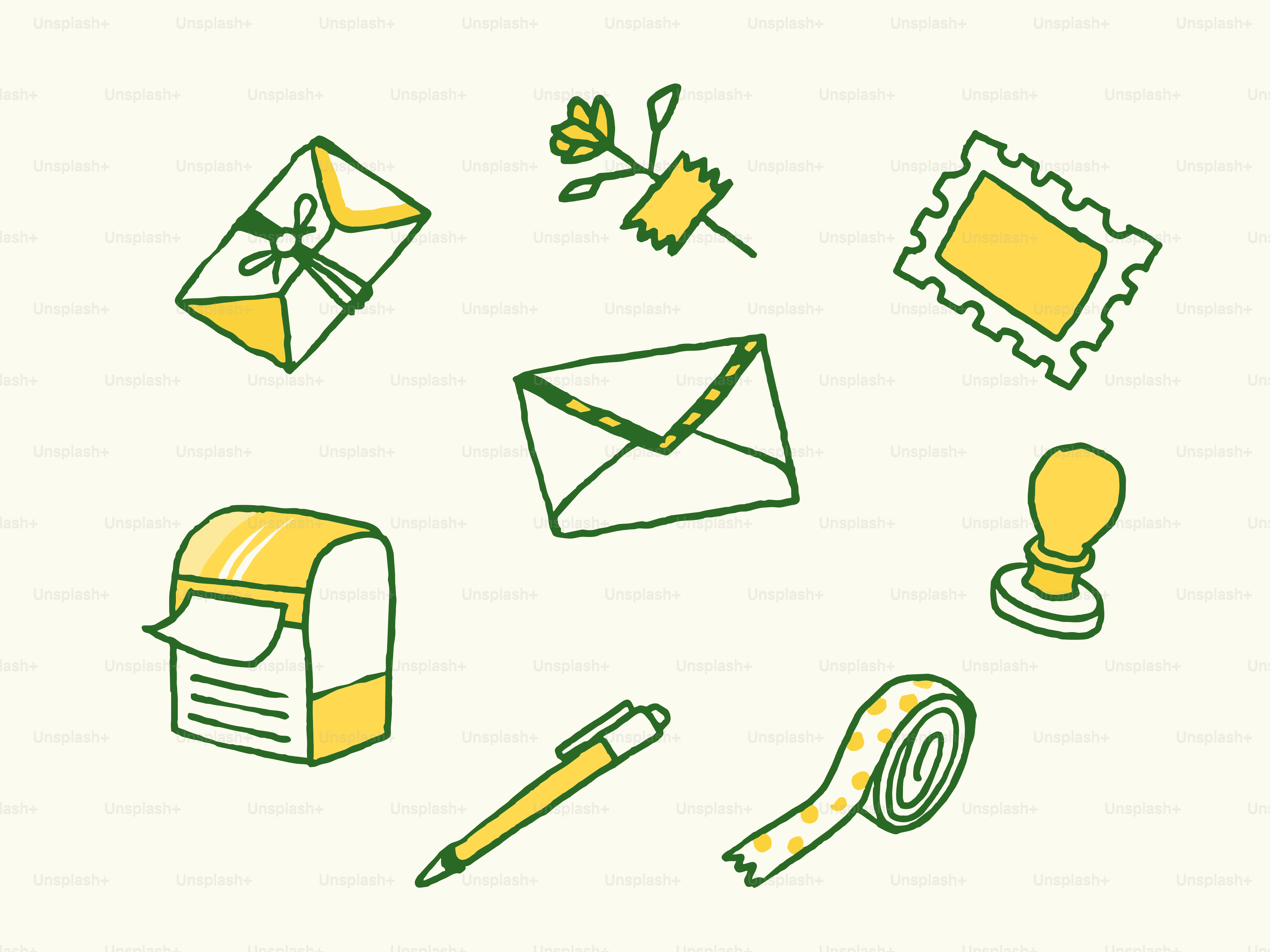 Articles de papeterie incluant enveloppes, stylo et ruban adhésif.