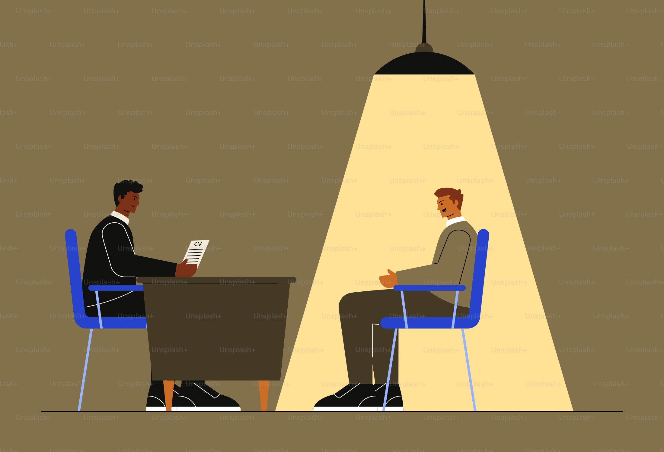 Two men in an interrogation room under a spotlight.