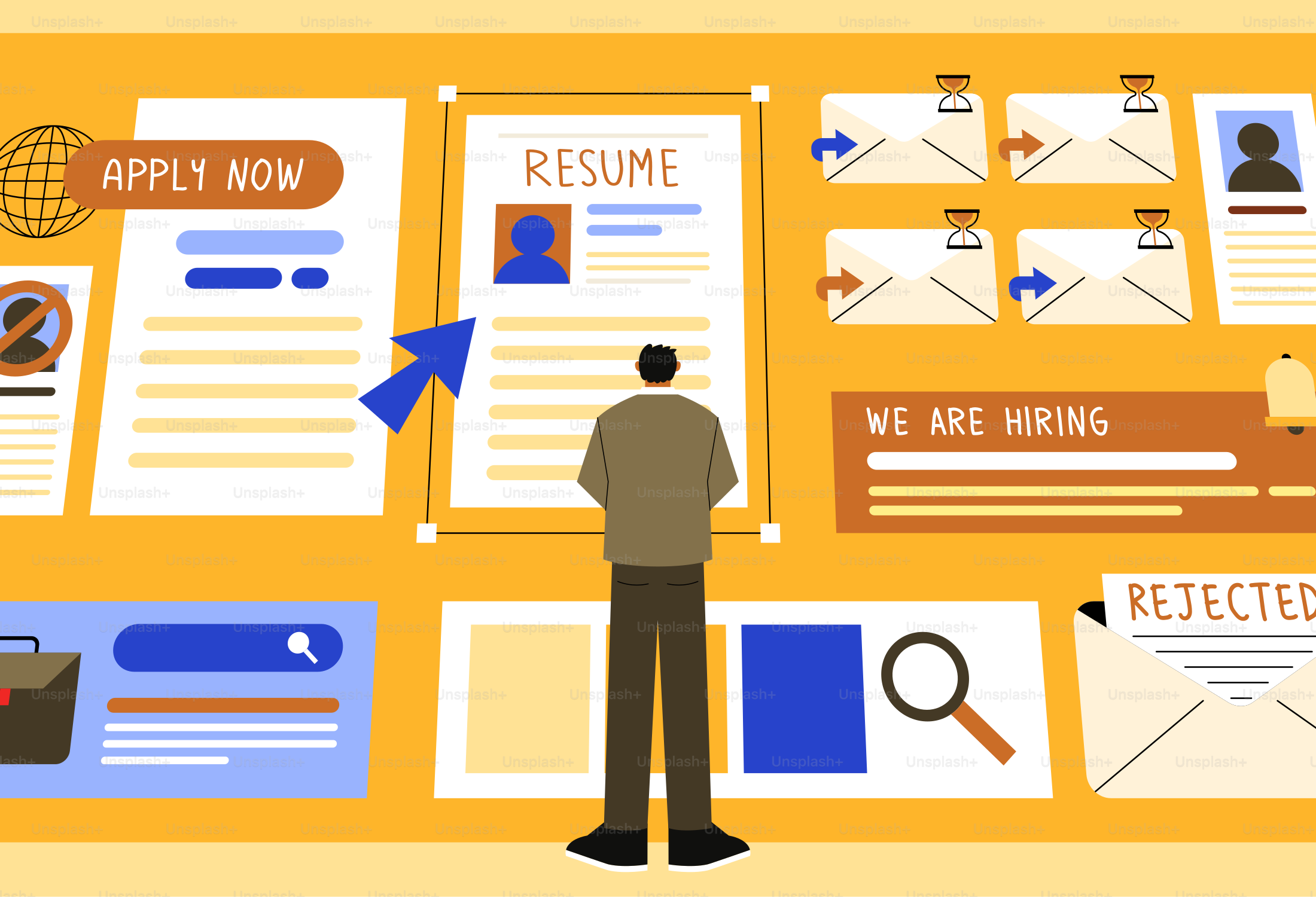 Man reviews resumes on a hiring wall